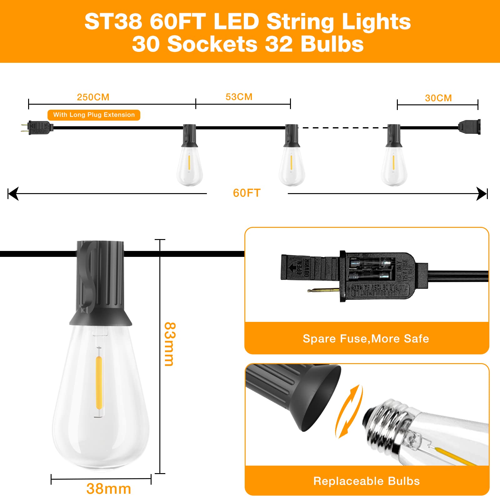 60FT LED Outdoor Patio Lights Waterproof with 30+2 Vintage Bulbs 2700K Hanging Edison String Lights