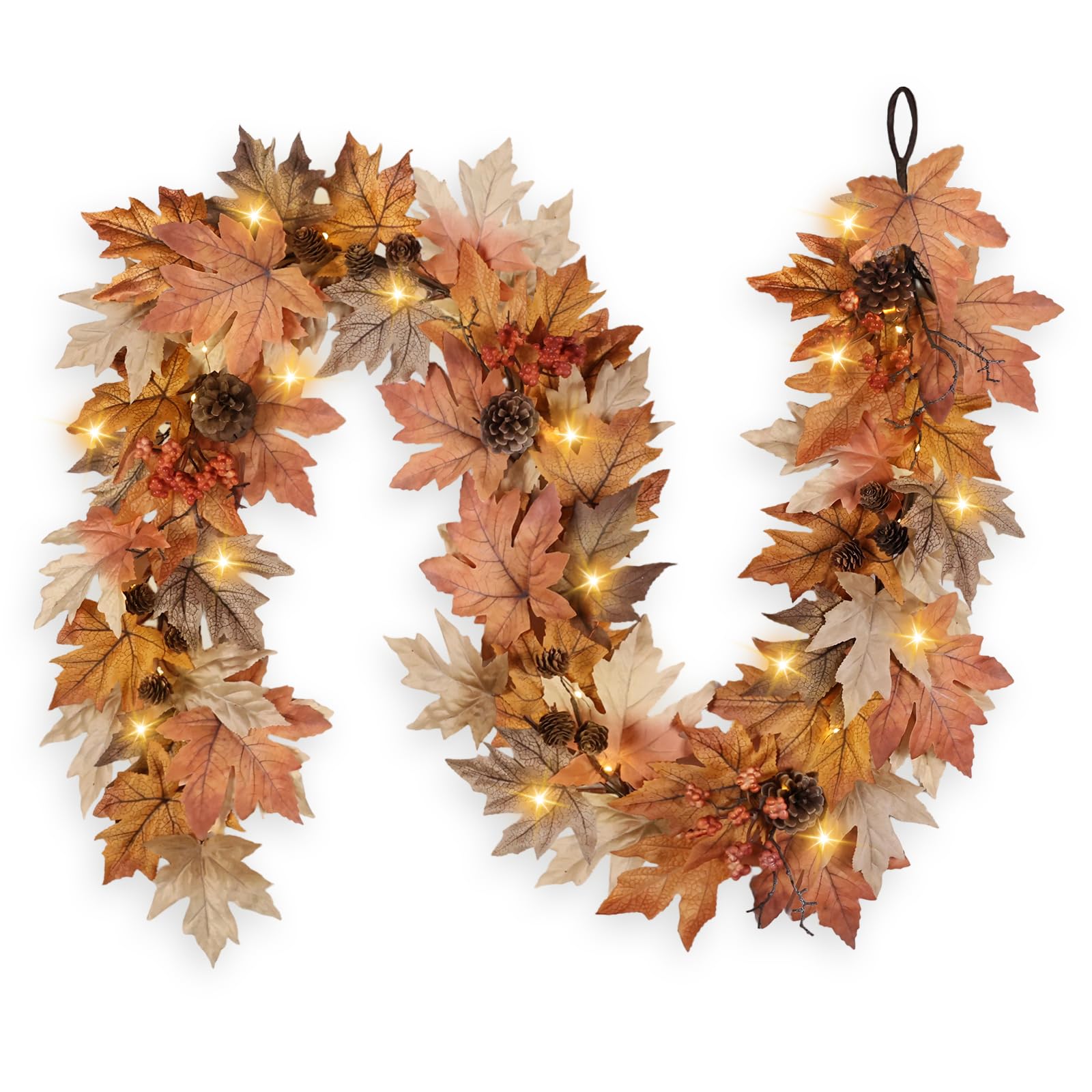 6 FT Fall Garland with Lights, Fall Leaves Garland with Berries & Pine Cones