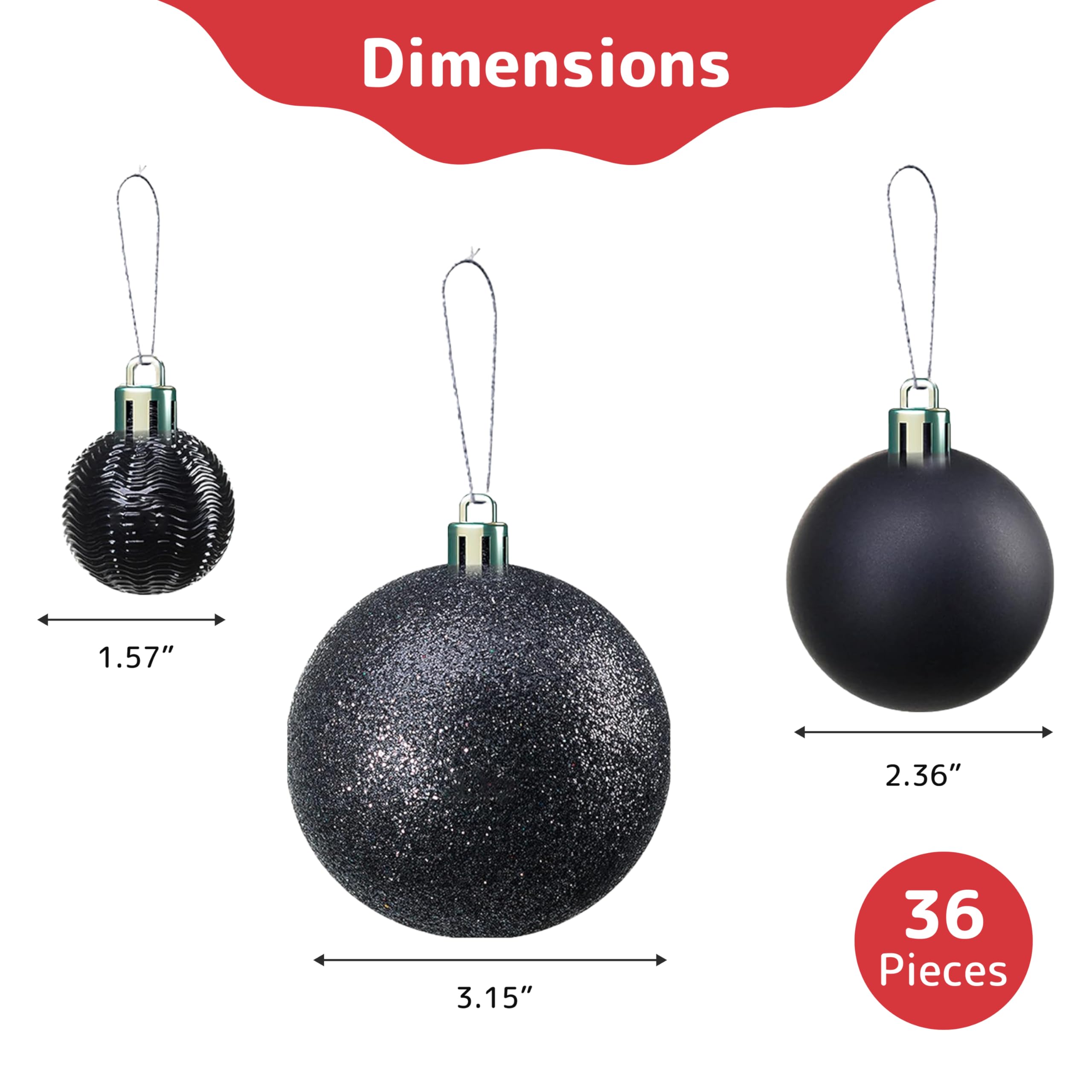 36-Piece Shatterproof Black Ornament Set