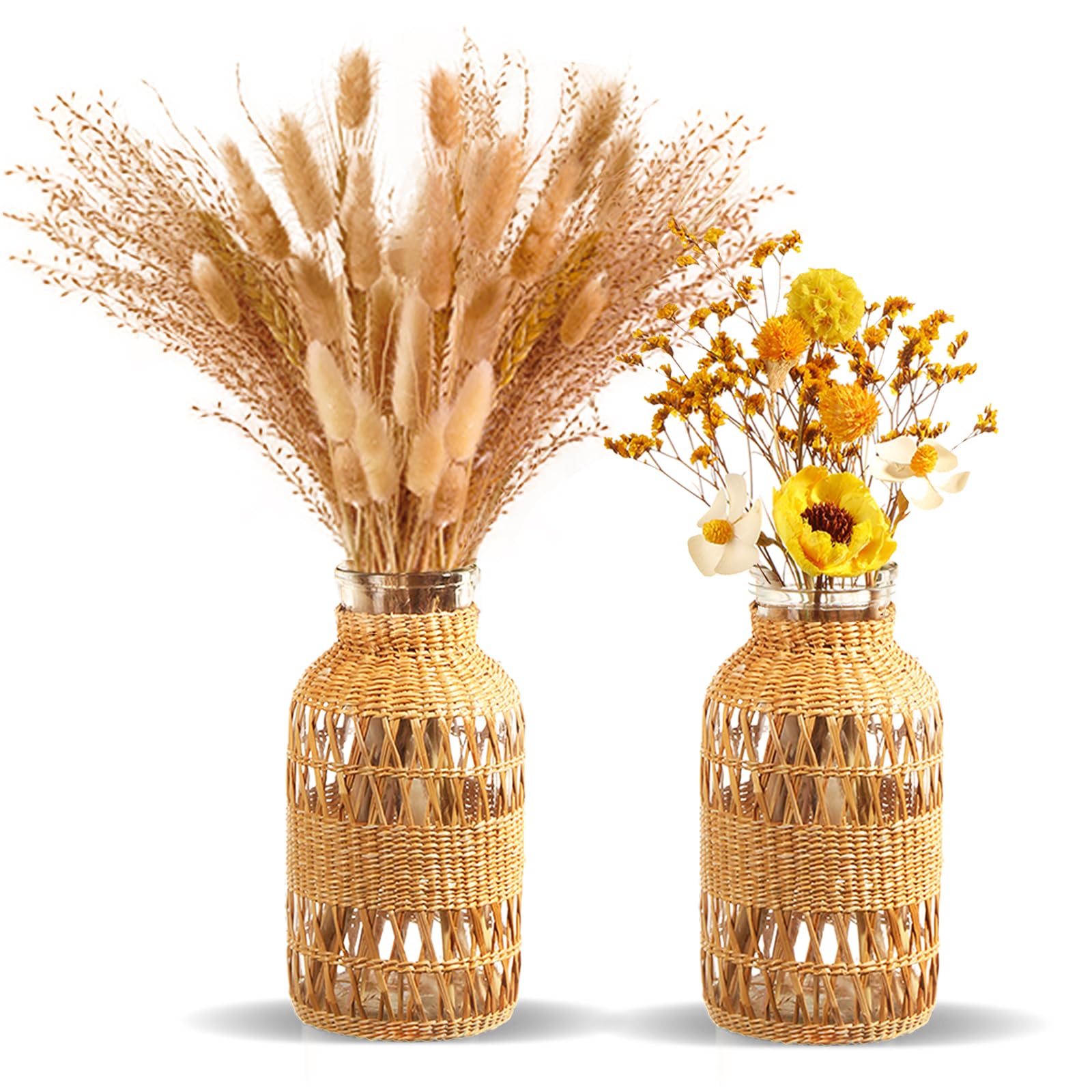 Farmhouse Vase, 2 Pack Glass Vase with Hand Woven Detail