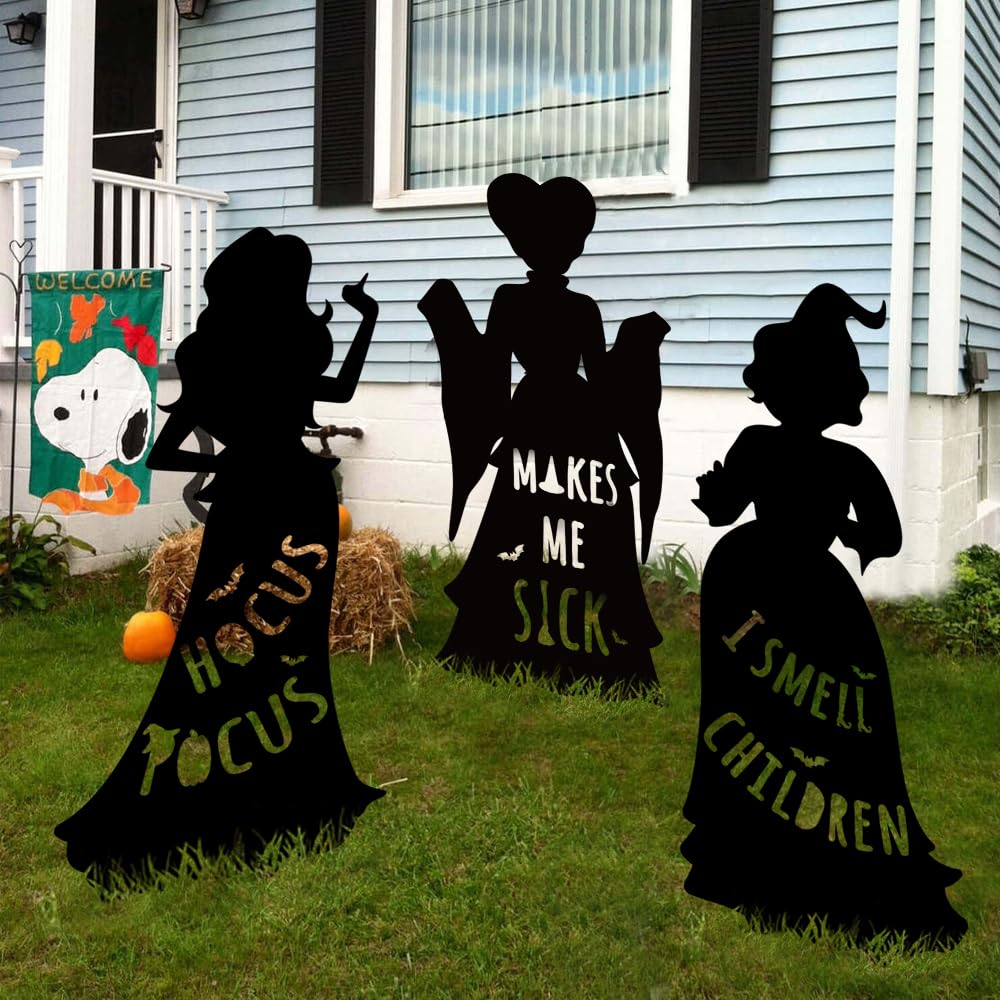 3 Extra Large Hocus Pocus Witch Halloween Silhouette Yard Signs with Stakes