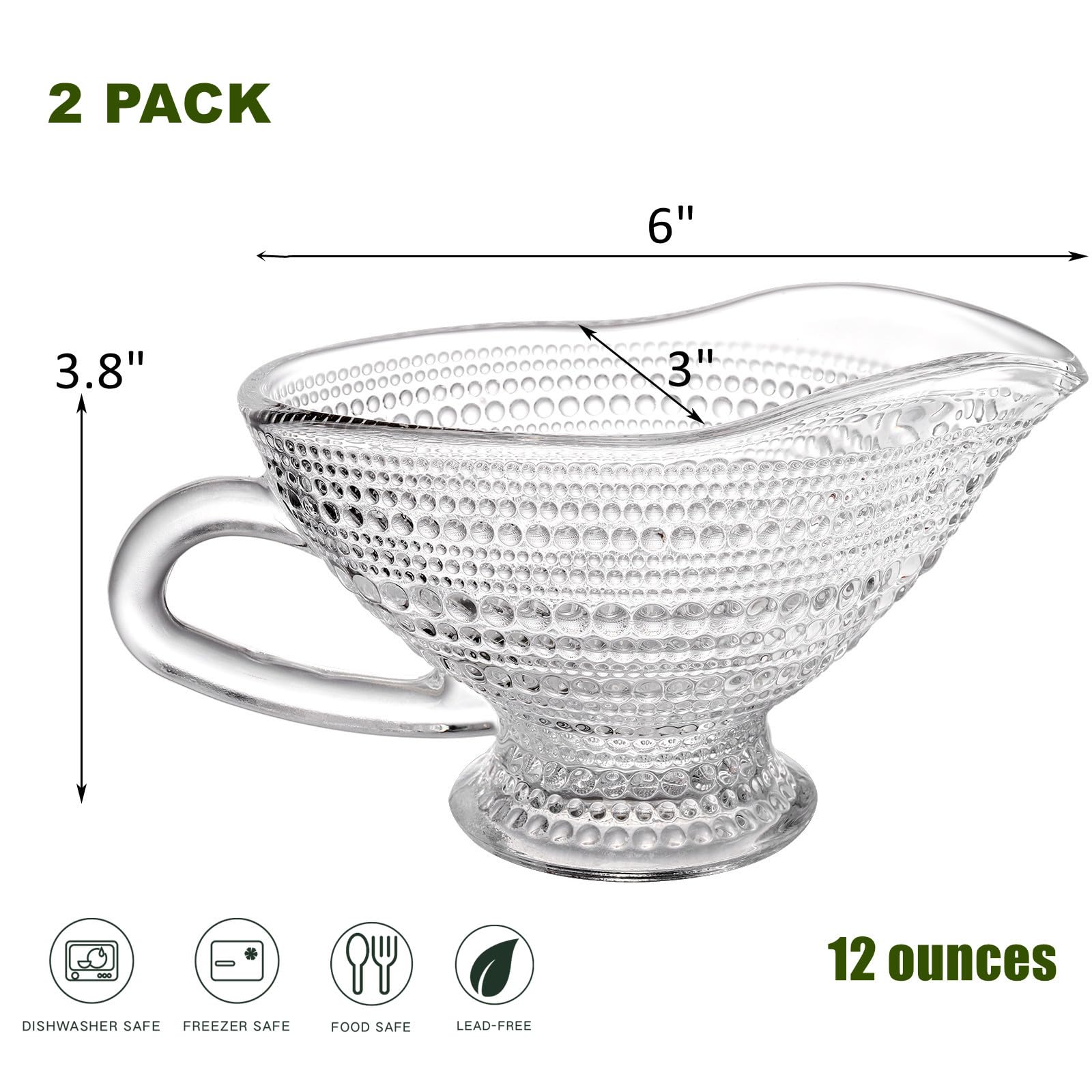 2 Pack 12 oz Glass Gravy Boat, Crystal Gravy Bowl with Easy-Pour Spout