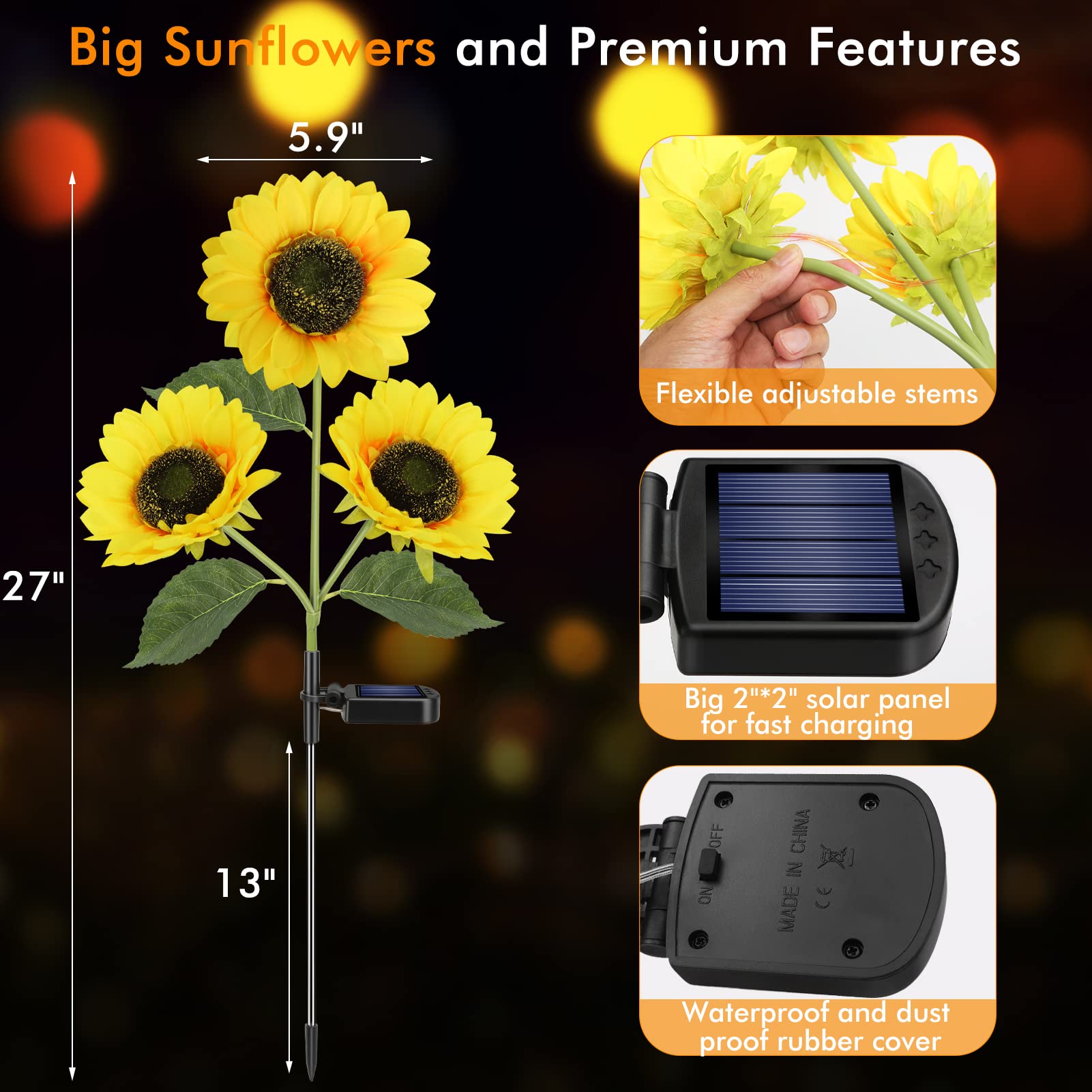 Sunflower decoration with solar panel and features on a dark background