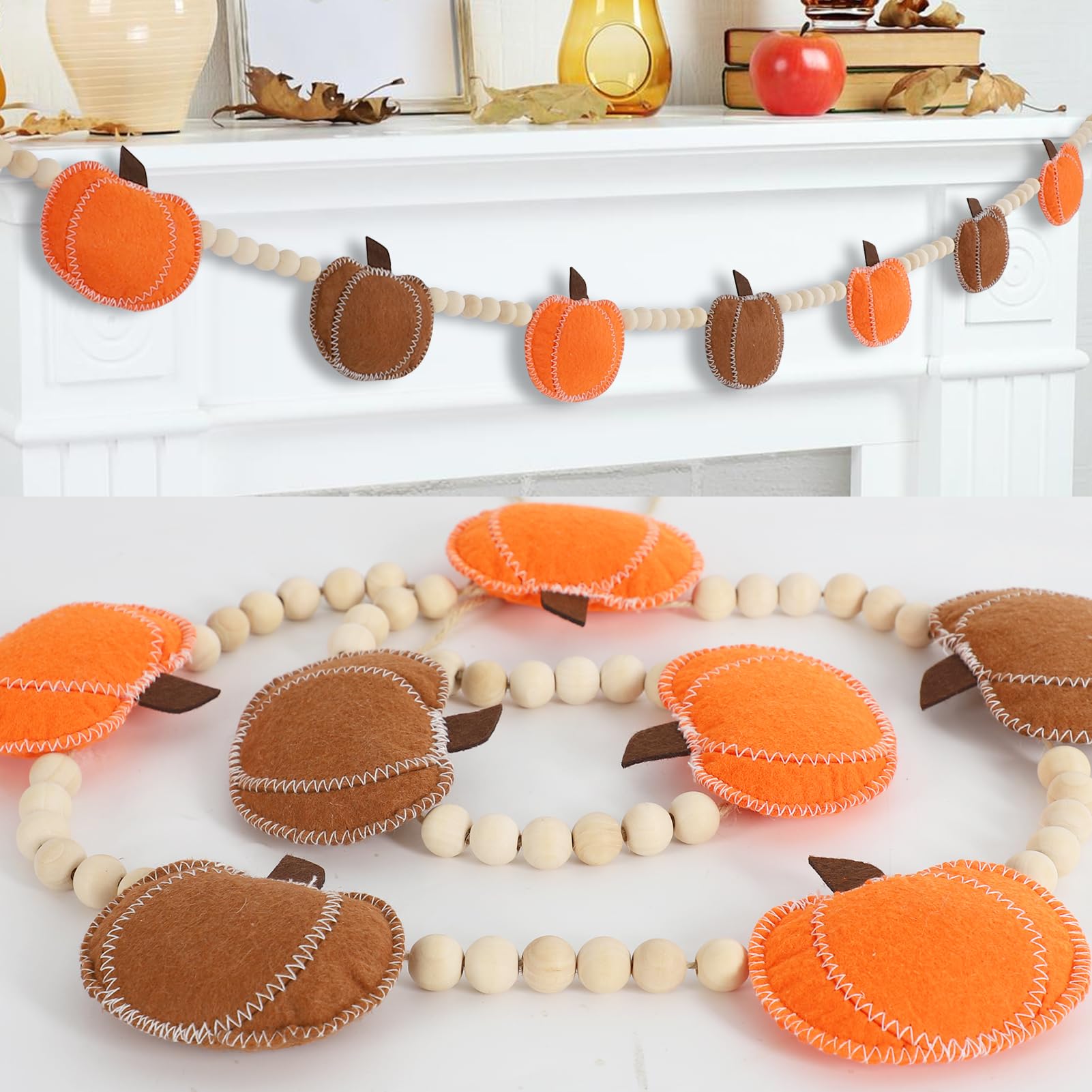 Felt Pumpkin Garland and Wood Bead for Fall Decorations Indoor