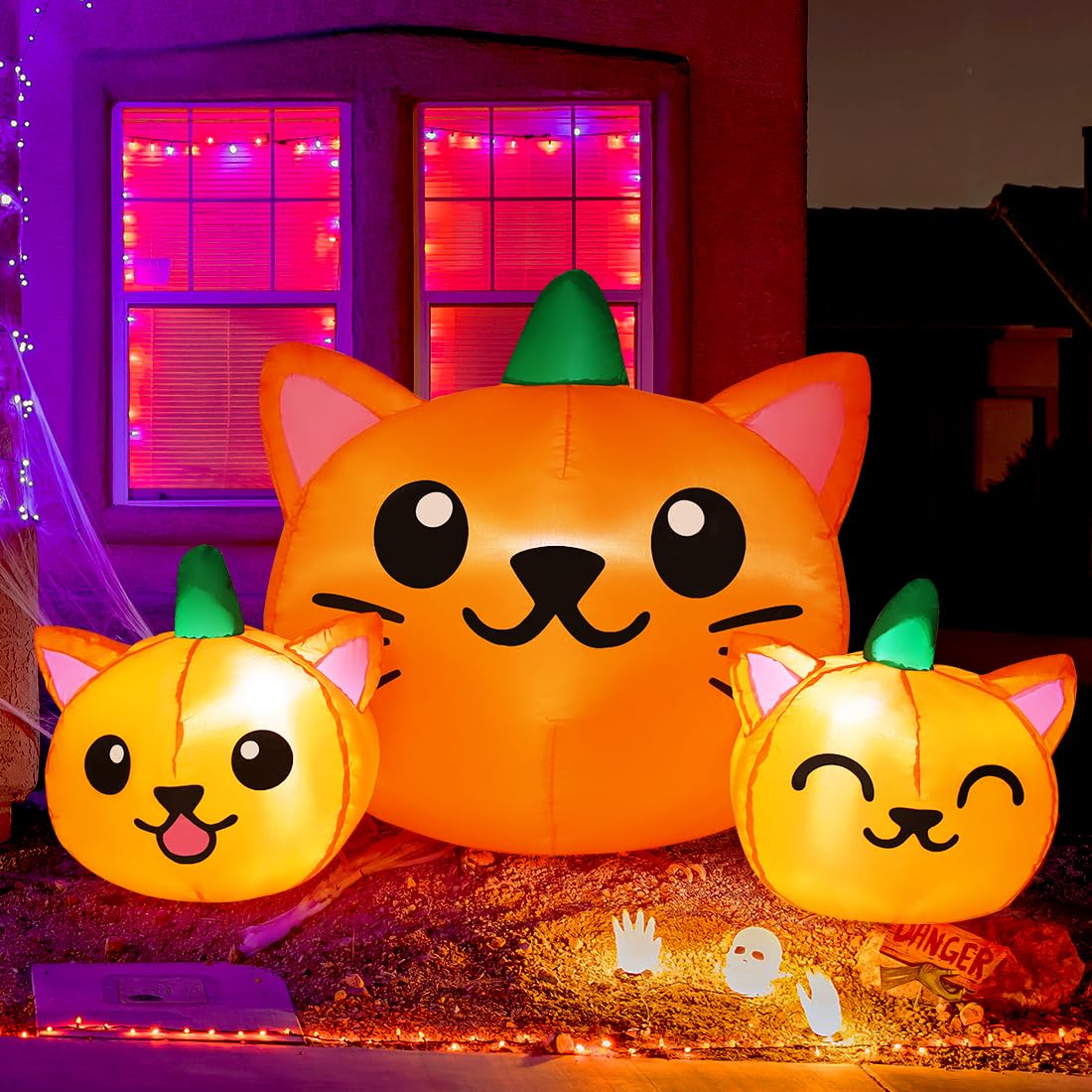 5FT Long Three Pumpkin Cat Head Combo with Built-in LEDs