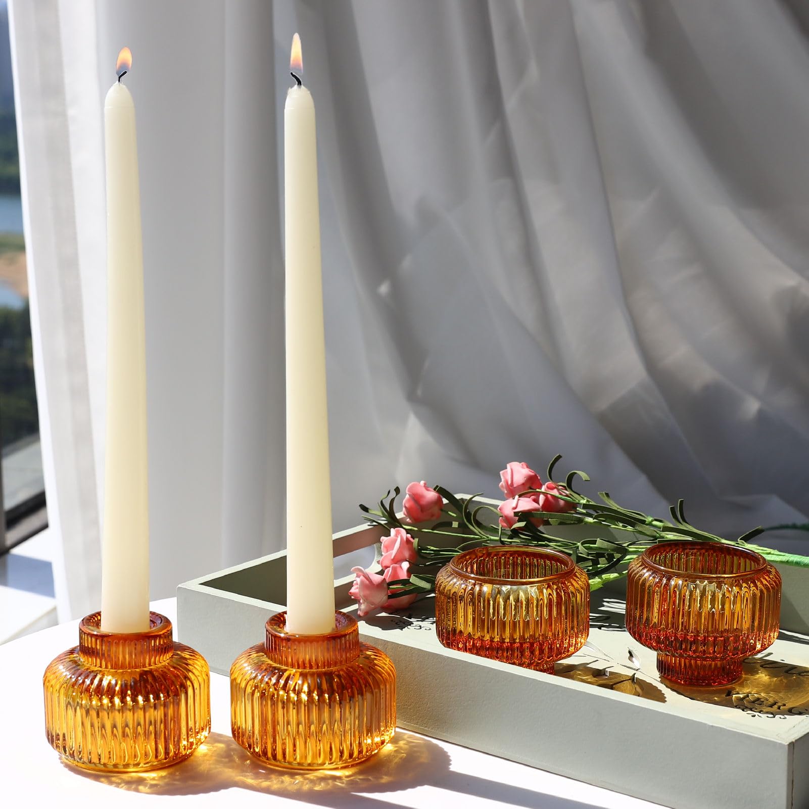 Candlestick Holders Set of 4, Amber Votive Candle Holders