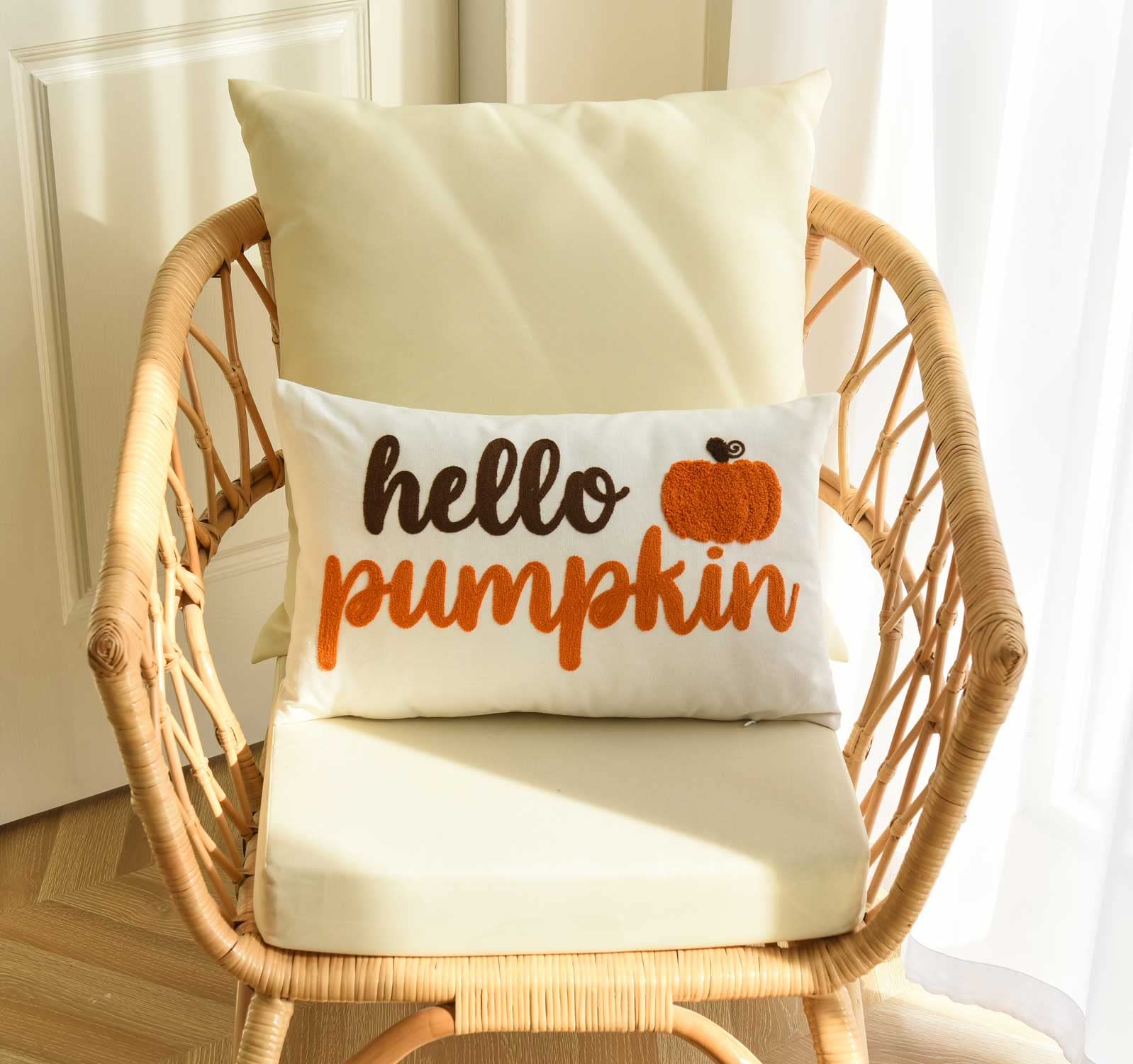 Embroidered Autumn Throw Pillow Cover Hello Pumpkin 12" X 20"