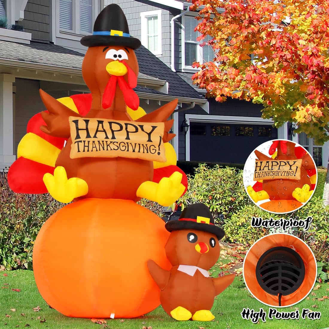 6 FT Thanksgiving Inflatable Turkey, Pumpkin & Turkey Baby