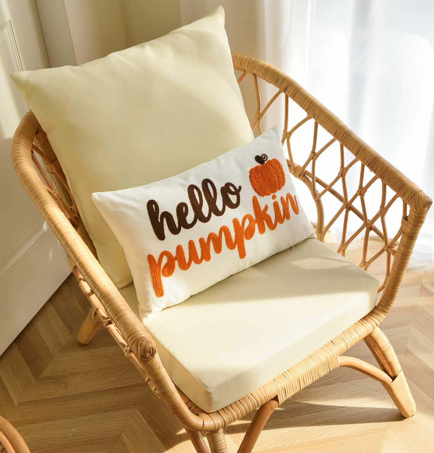 Embroidered Autumn Throw Pillow Cover Hello Pumpkin 12" X 20"