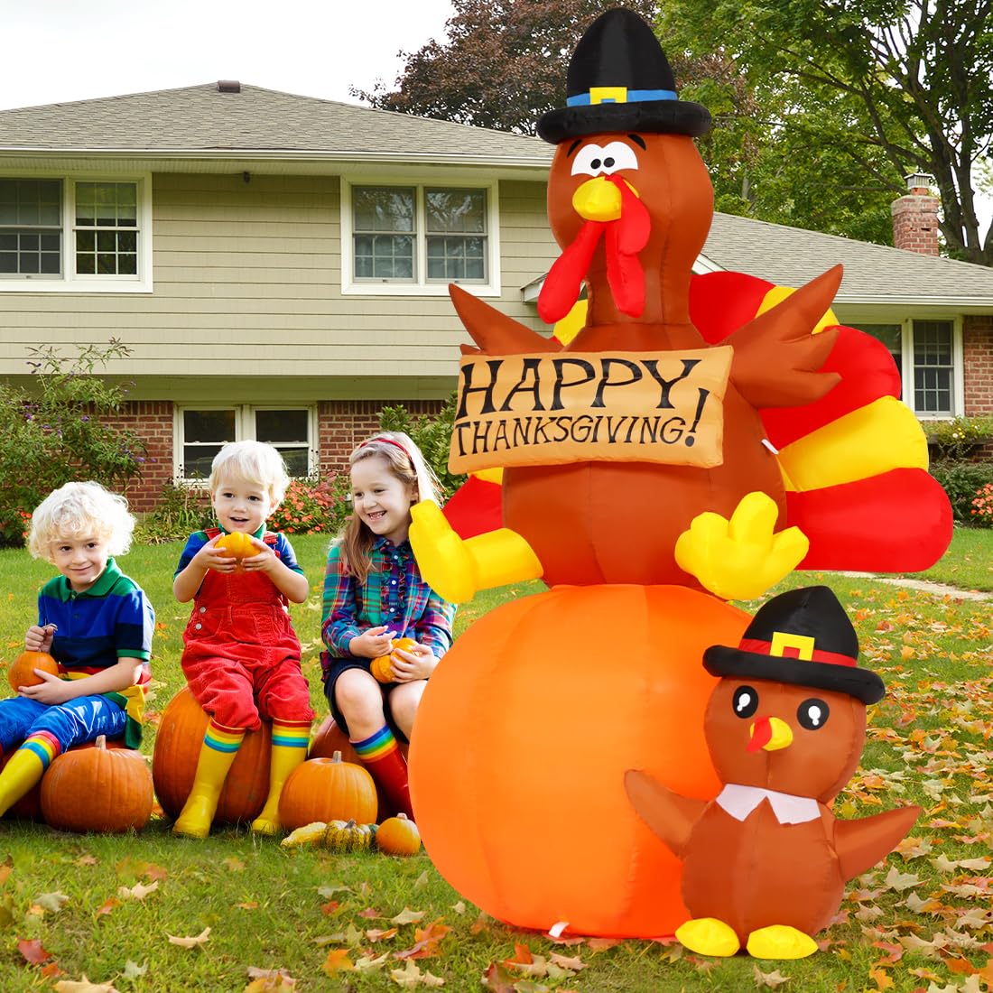 6 FT Thanksgiving Inflatable Turkey, Pumpkin & Turkey Baby