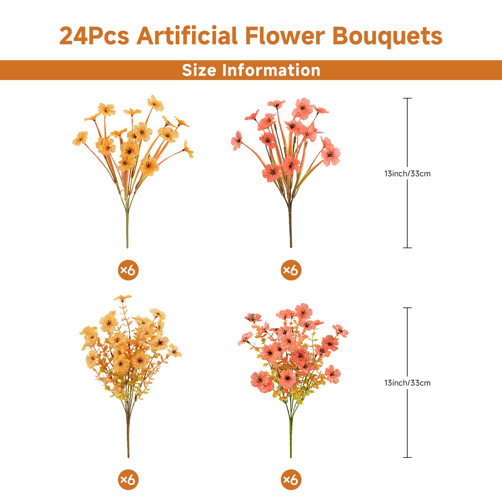 24 Bundles Orange & Red Artificial Fall Mums Flowers for Outdoors Decoration