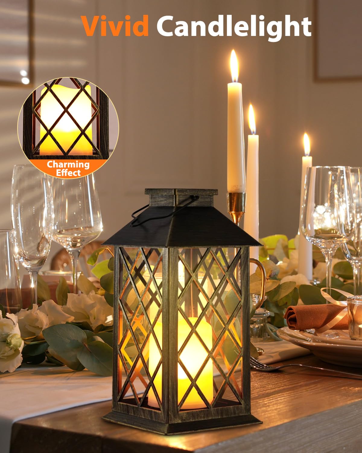 Decorative candle lantern on a table with candles and glasses, with text about Vivid Candlelight feature.