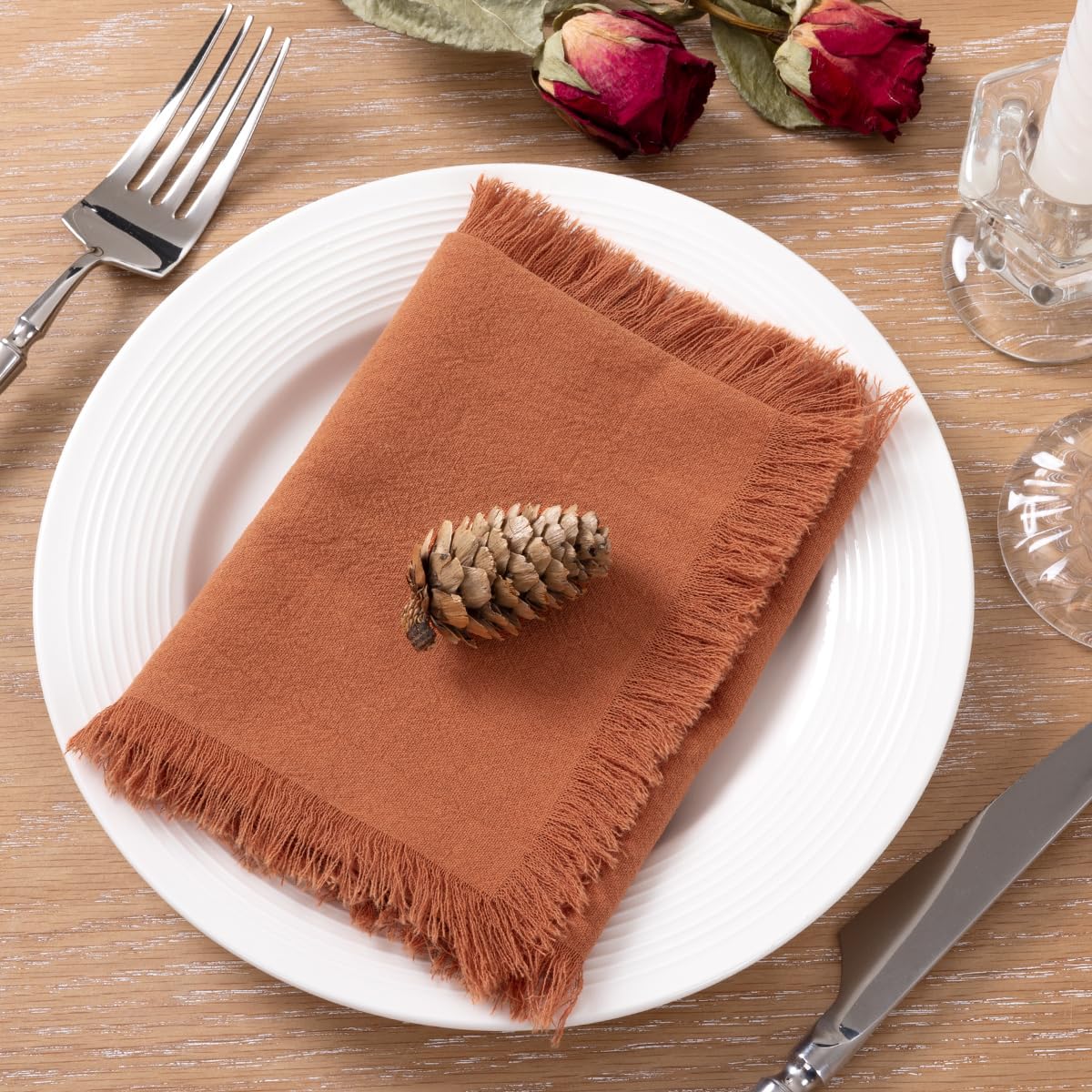 Handmade Cloth Napkins with Fringe (Set of 10, Terracotta)