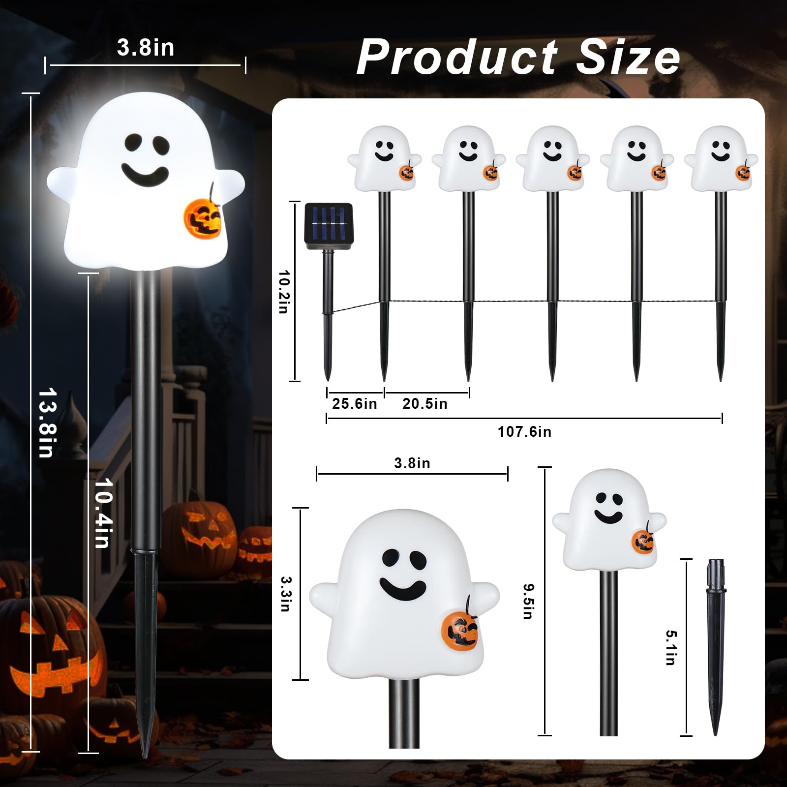 10 Pack Solar Halloween Ghost Pathway Lights, Ghost Stake Lights with Pumpkin Design