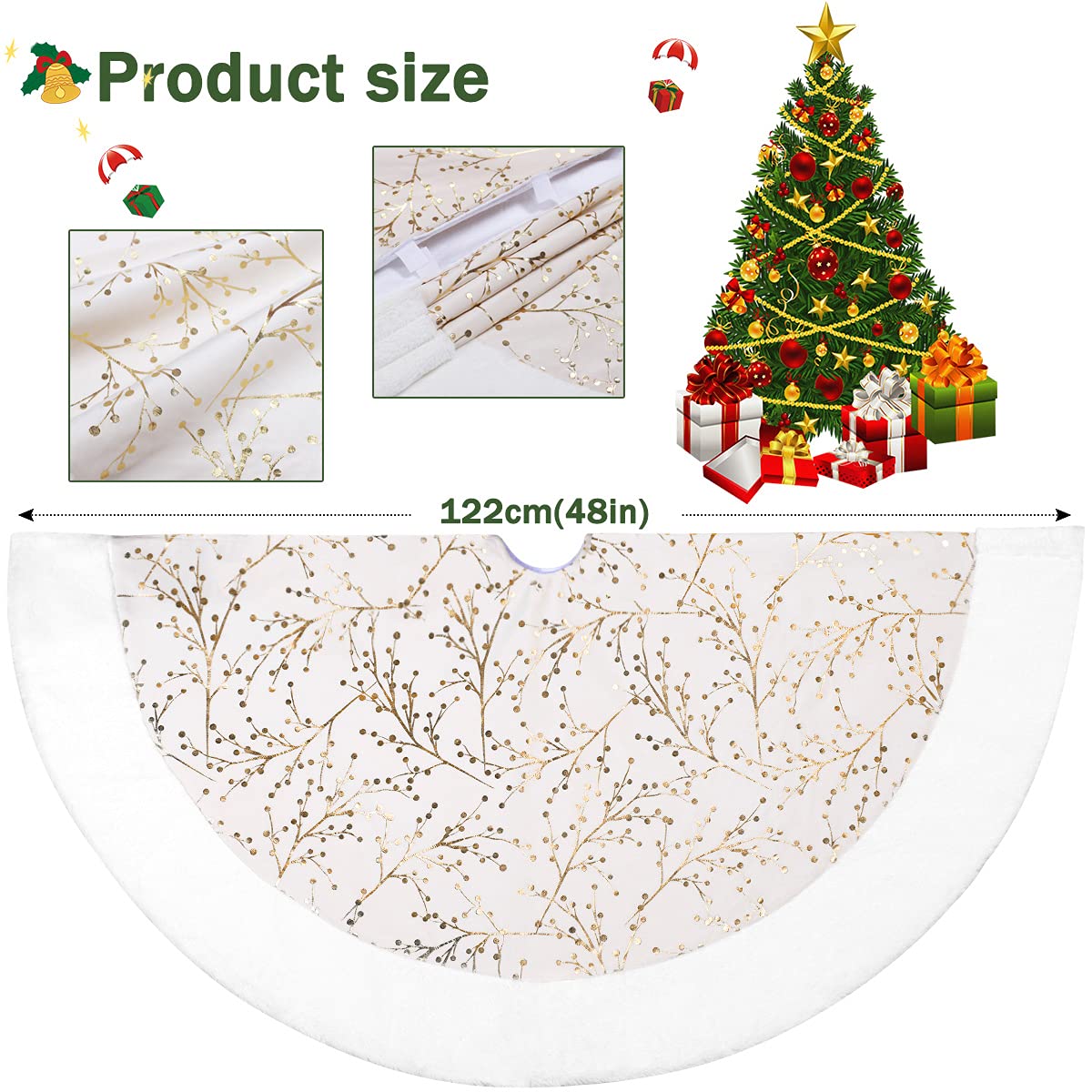 Christmas Tree Skirt, Gold White 48 Inch Faux Fur Plush Christmas Decorations Tree Base Mat Thick Velvet Rugs for Holiday Home Decor Party Xmas