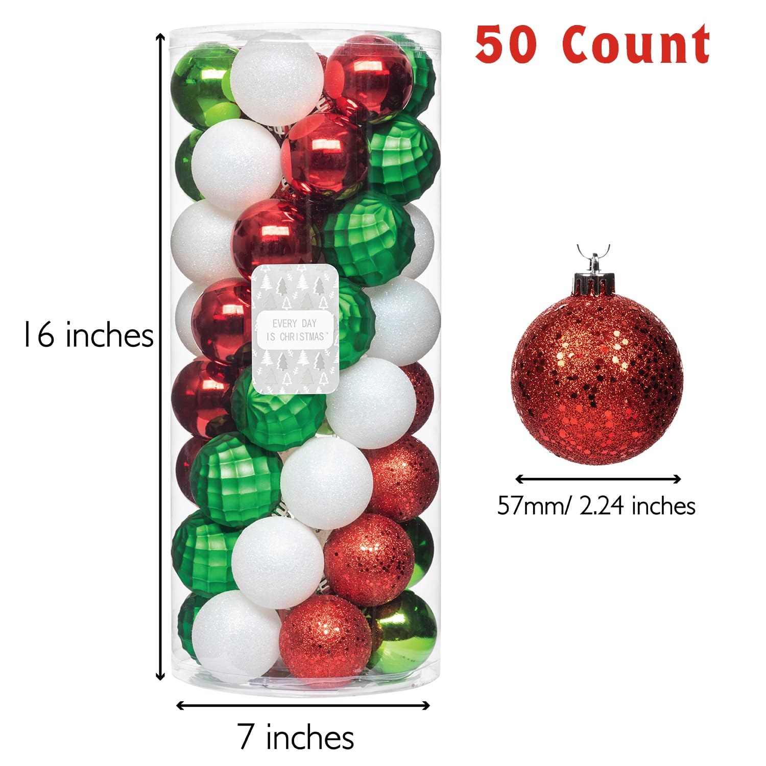 50ct White Red Green Shatterproof Christmas Tree Ornament Set