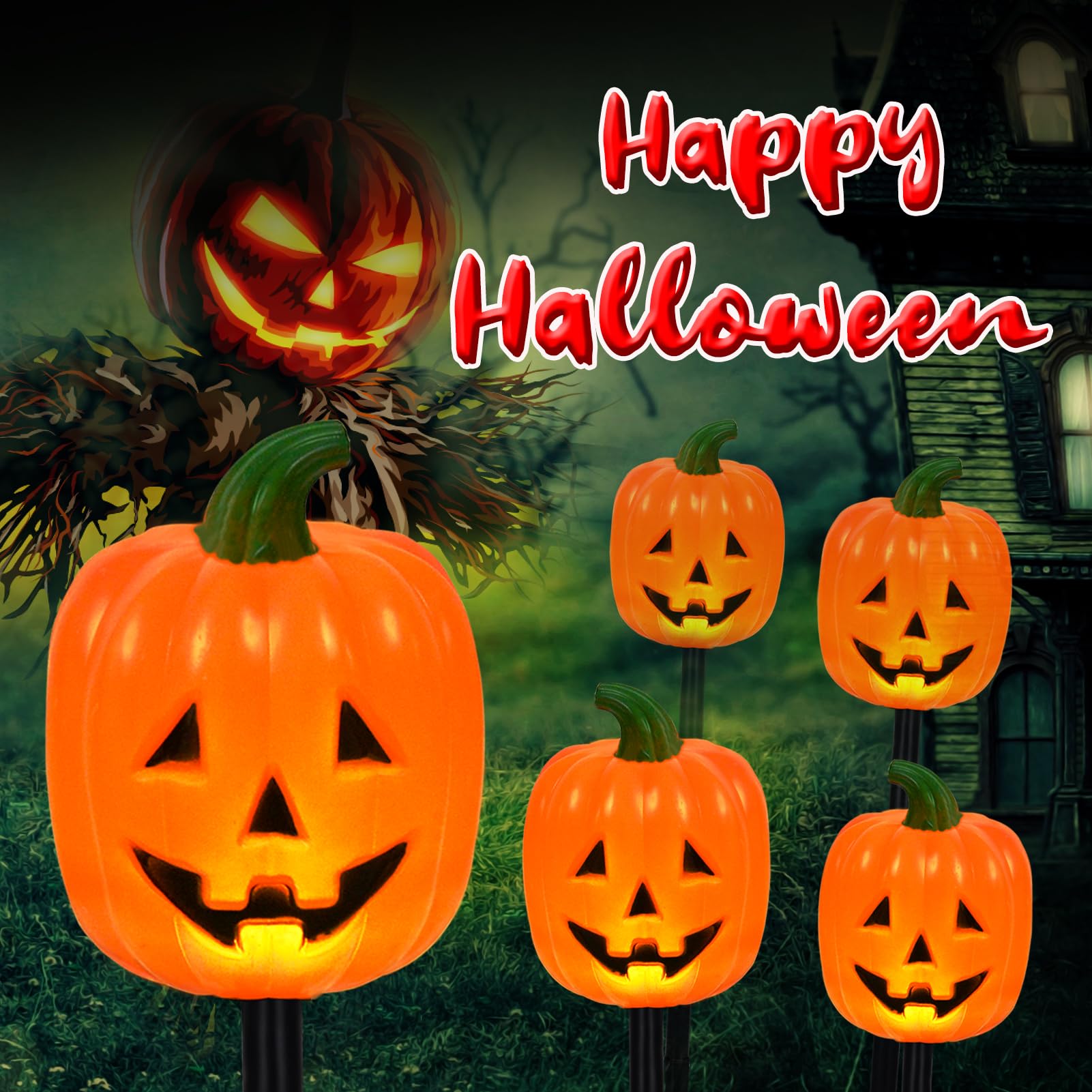 Set of 10 Halloween Pumpkin Stake Lights, Decorative Solar Pumpkin Lights