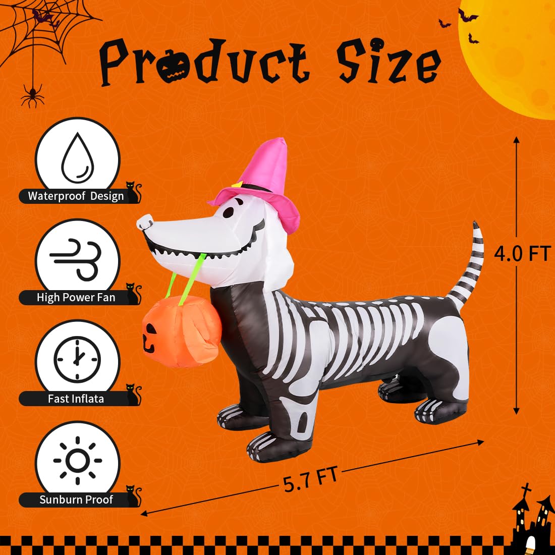 5.5 FT Skeleton Puppy Halloween Inflatable with Build-in LEDs