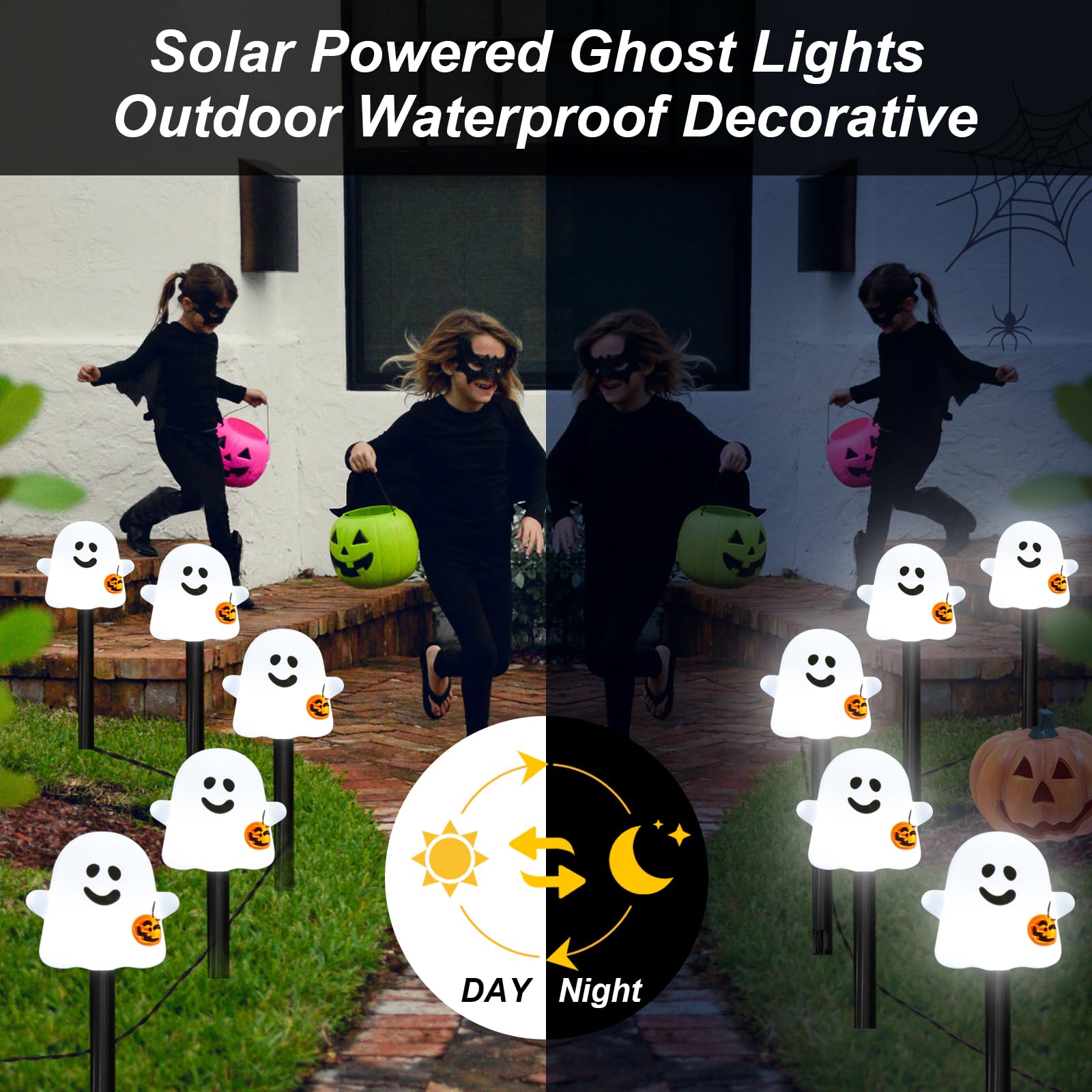 10 Pack Solar Halloween Ghost Pathway Lights, Ghost Stake Lights with Pumpkin Design