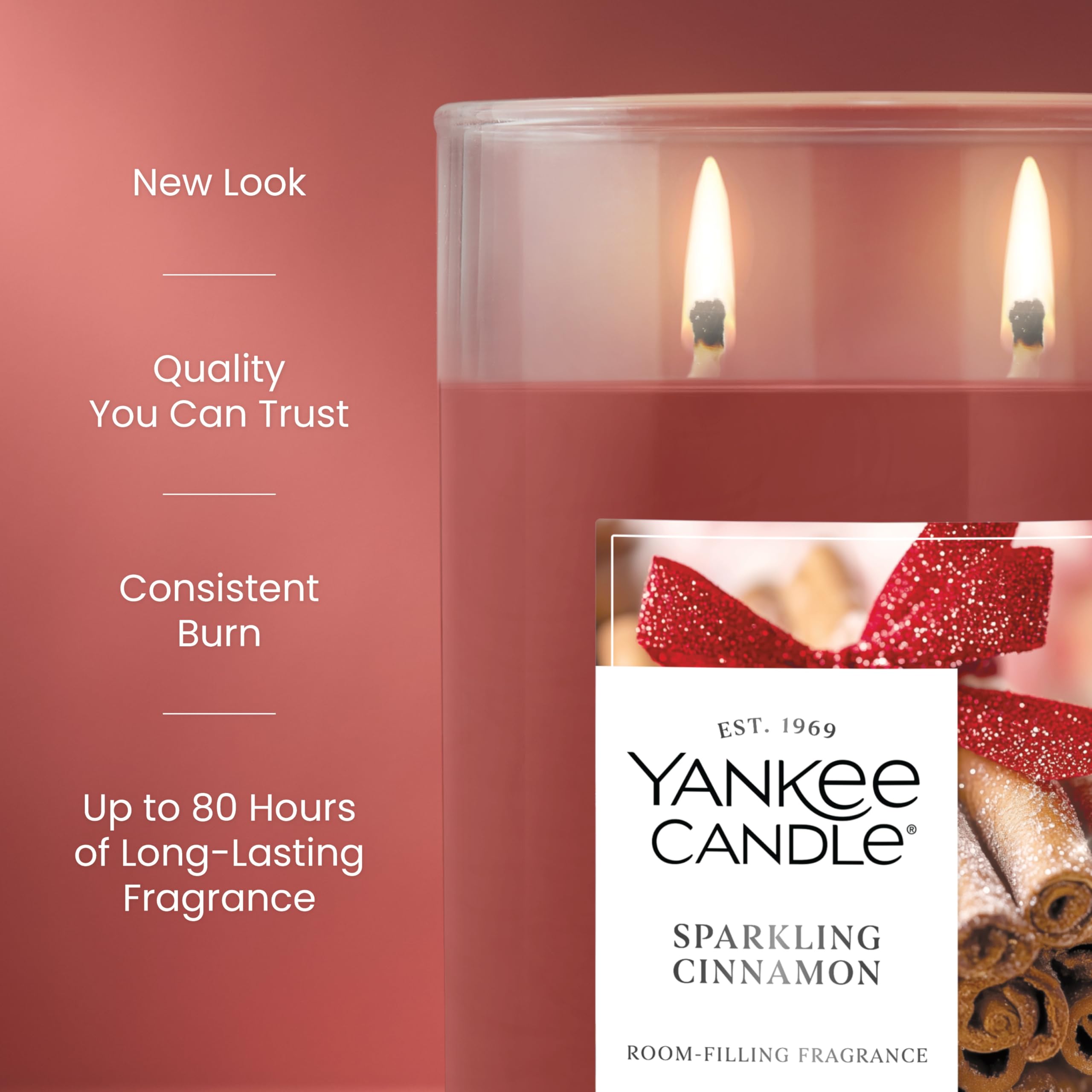 Yankee Candle sparkling cinnamon candle with product details on a red background