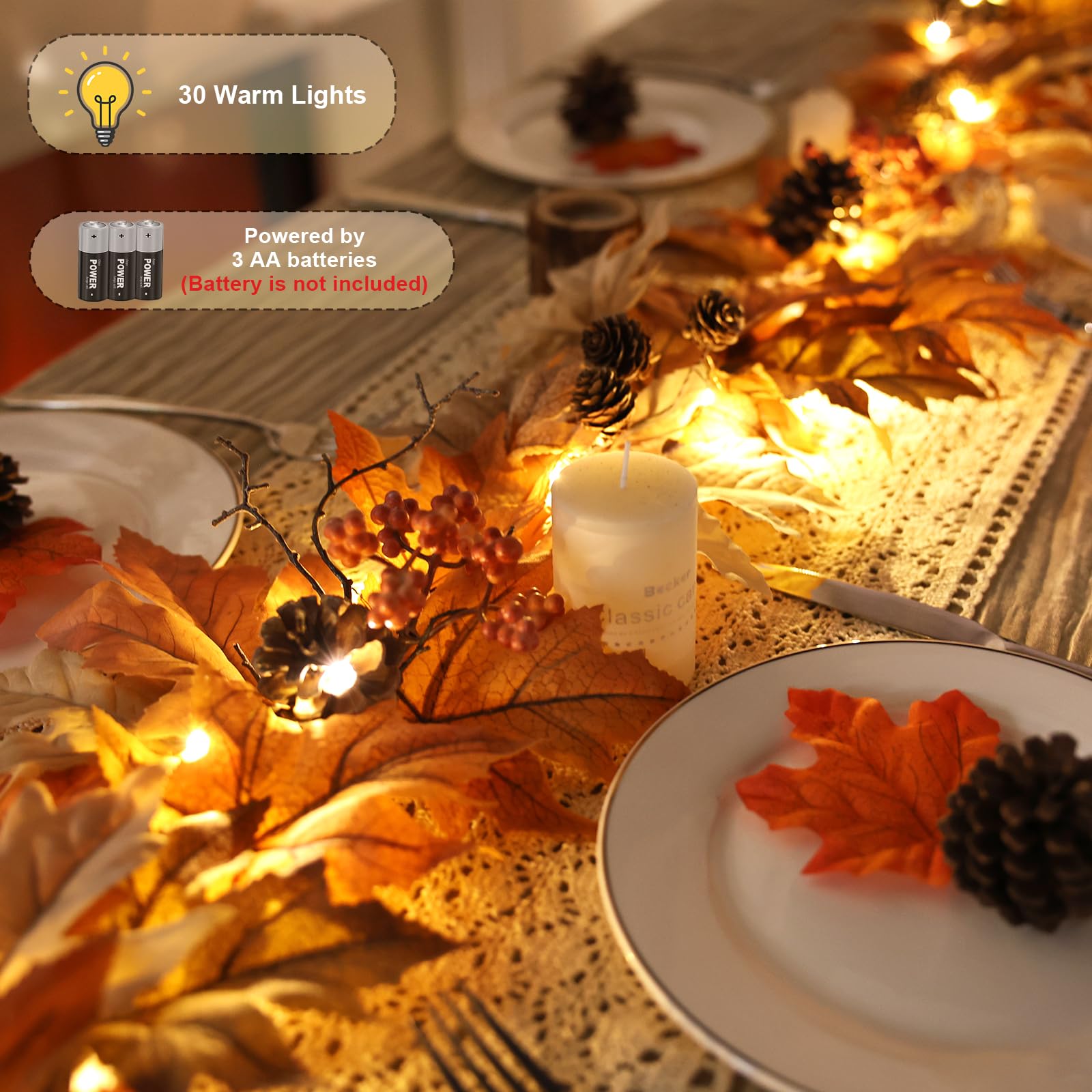6 FT Fall Garland with Lights, Fall Leaves Garland with Berries & Pine Cones