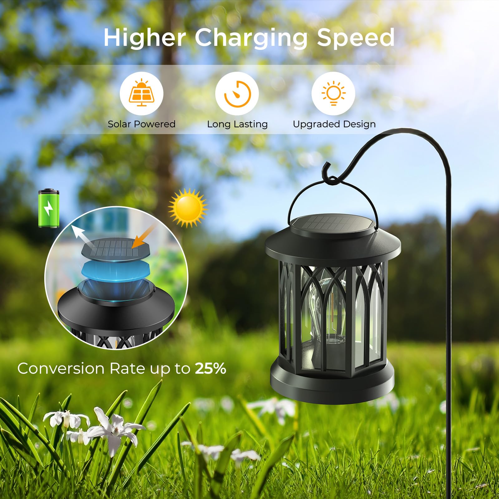 Solar-powered lantern with charging speed features on a natural background