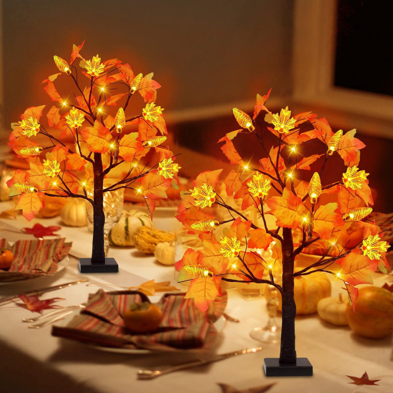 2 Pack Fall Maple Tree Decor with 48 LED Lights Battery Operated