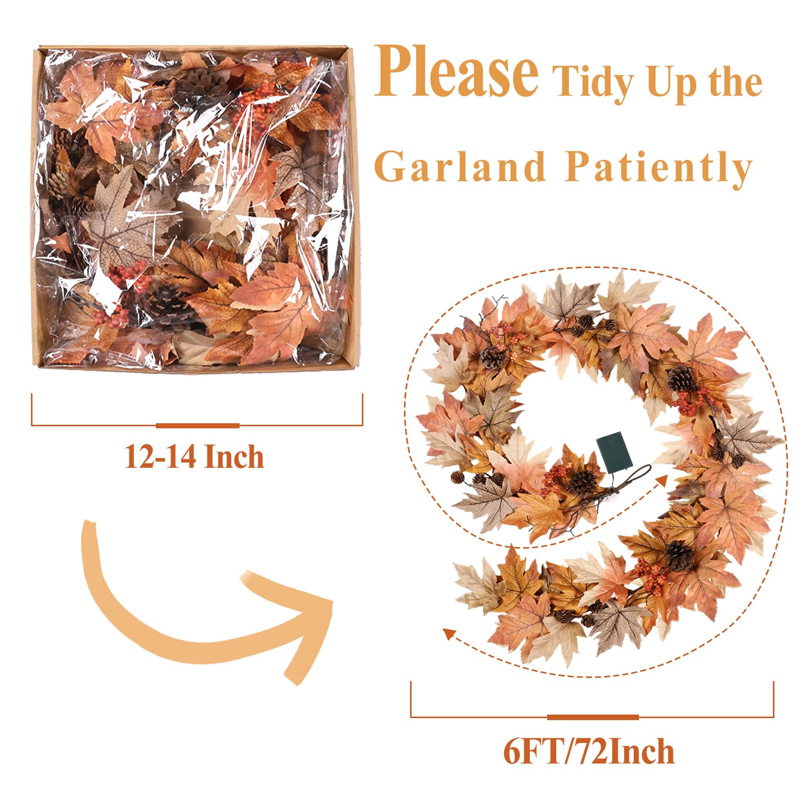 6 FT Fall Garland with Lights, Fall Leaves Garland with Berries & Pine Cones