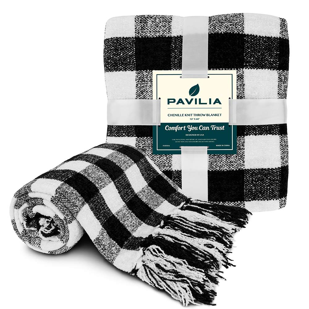 Soft Chenille Black and White Buffalo Plaid Checkered Knit Blanket