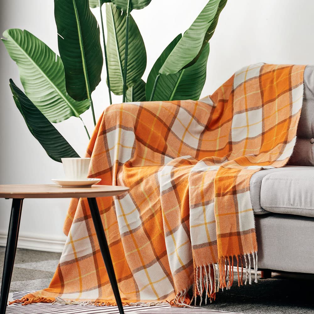 Decorative Faux Cashmere Throw Blanket - Classic Orange Plaid Fringe