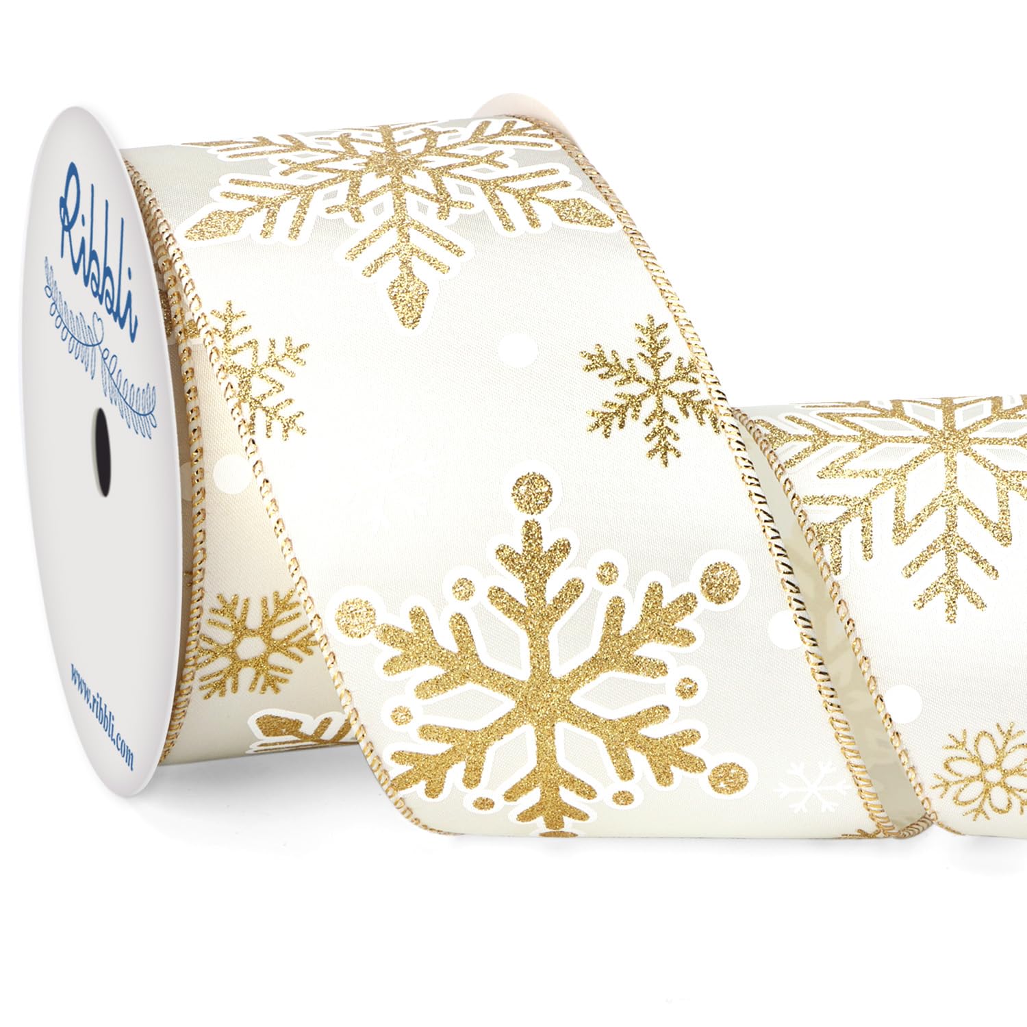 2-1/2 Inch x 10 Yards Gold Snowflake Wired Ribbon