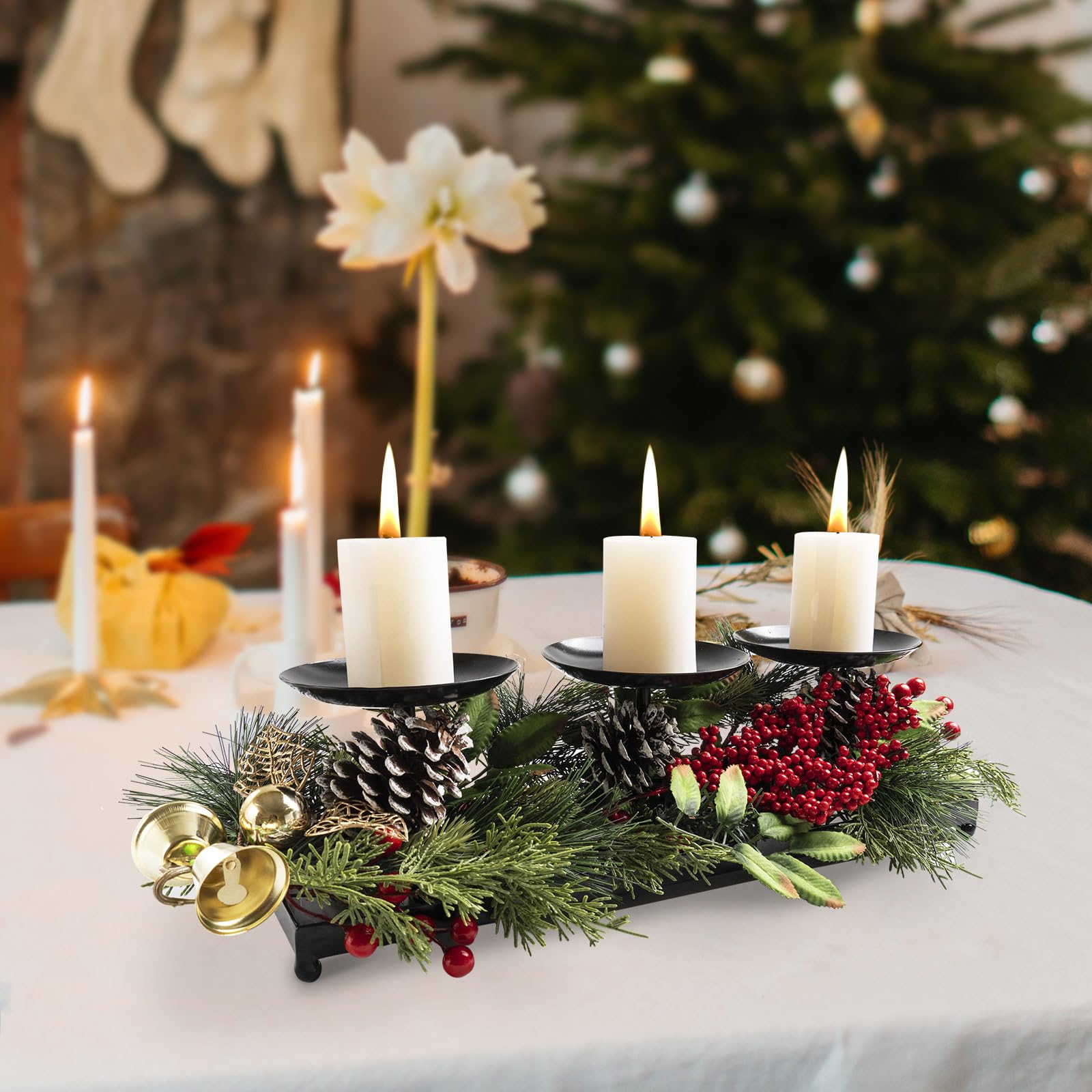 3 Pillar Black Metal Candle Holders for Table Centerpiece