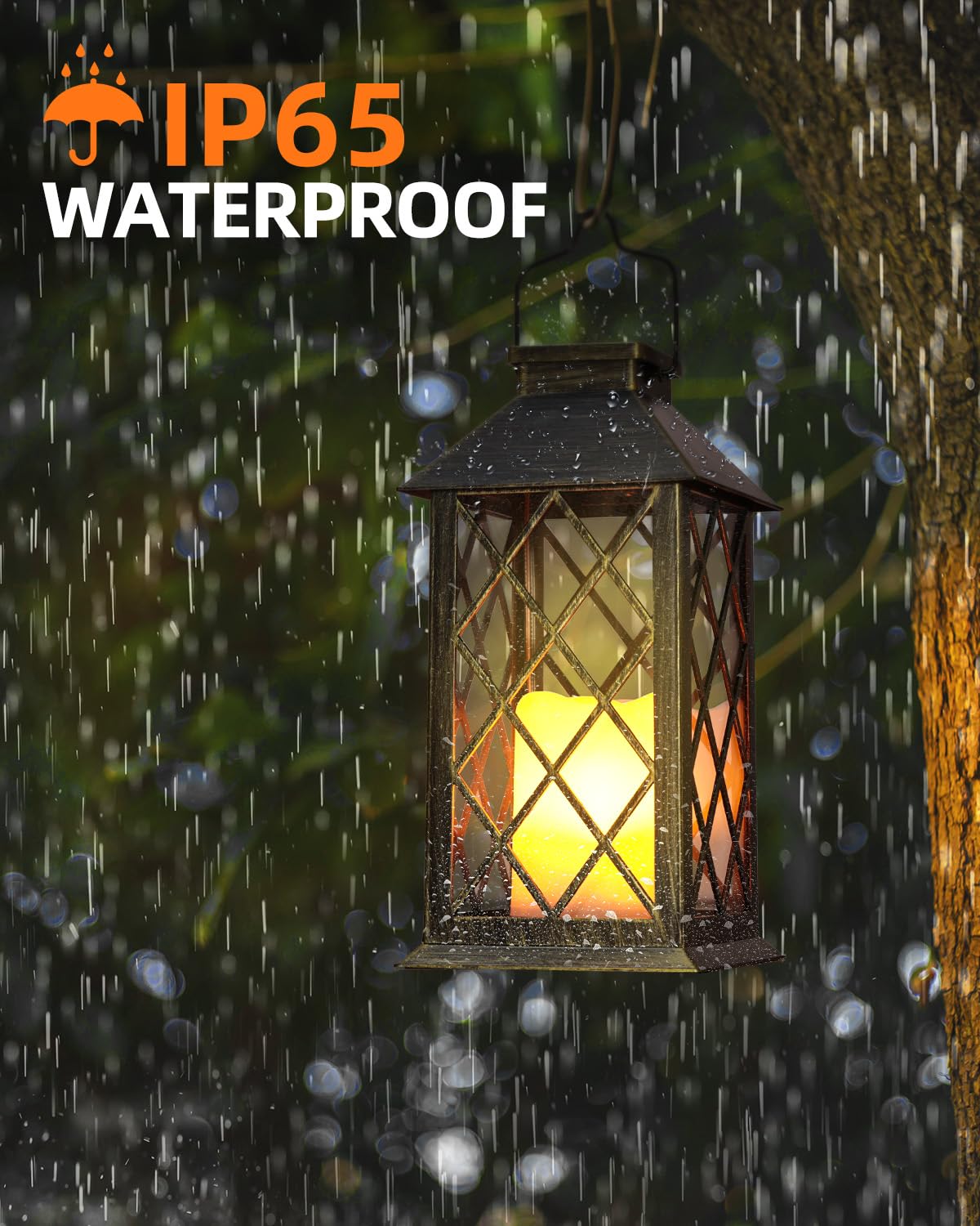 Waterproof outdoor lantern with IP65 rating in a rainstorm