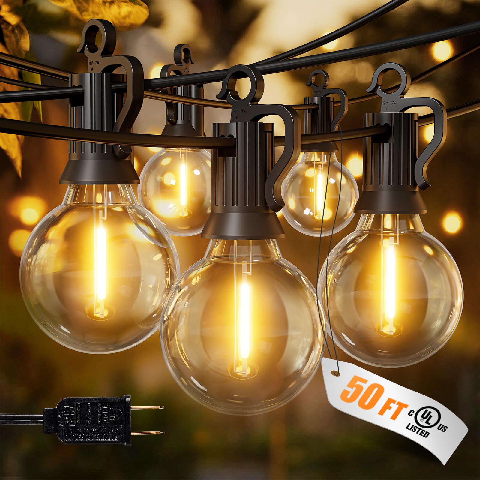 50FT 25 G40 Bulbs Patio Lights, IP65 Waterproof & Dimmable