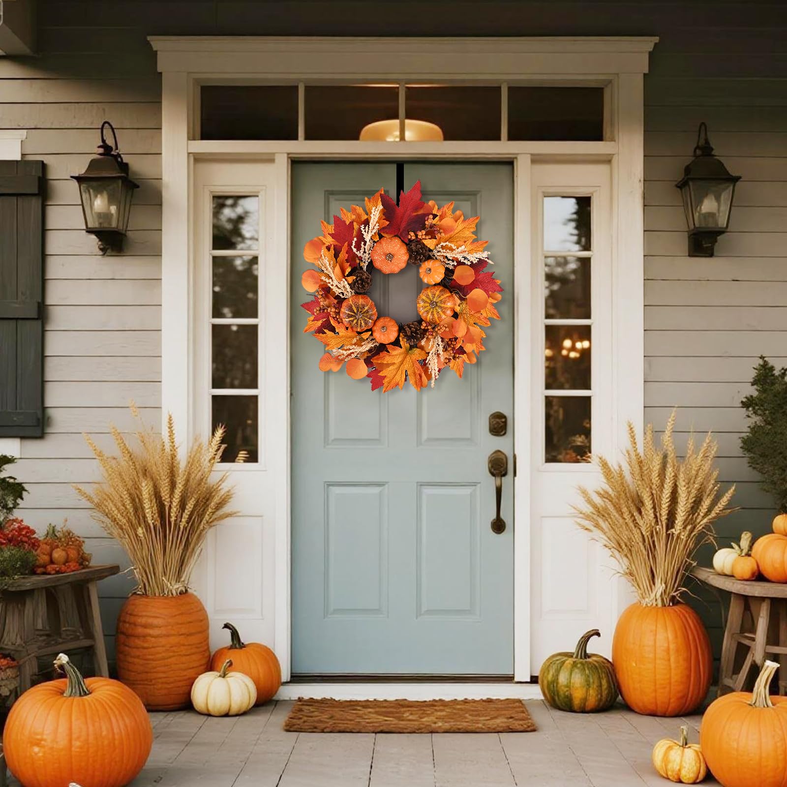 20 Inch Fall Wreath Decoration Leaf Pumpkin Pine Cone Berry Indoor/Outdoor