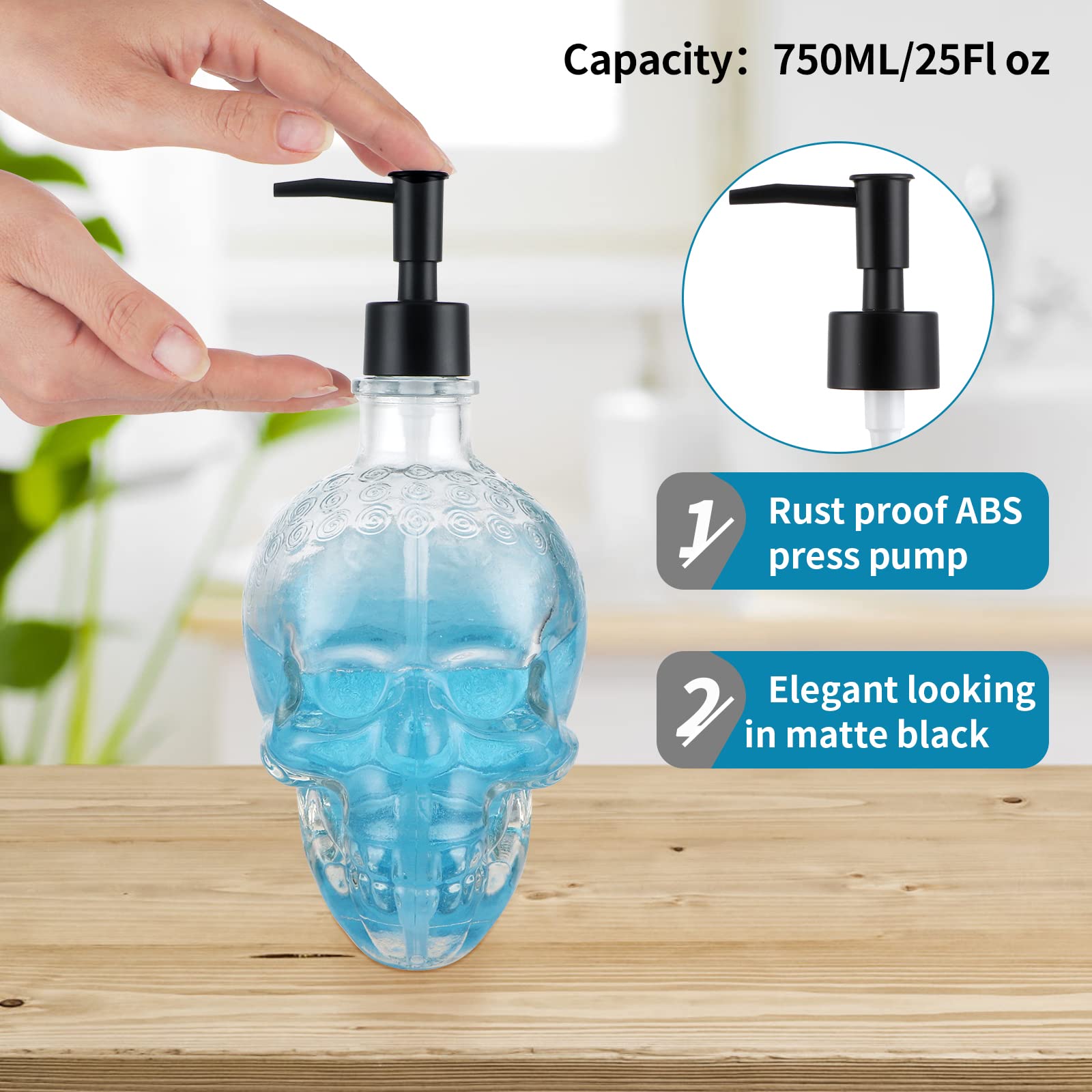 Skull Soap Dispenser 25 Oz, Glass Soap Dispenser with Rust Proof Pump