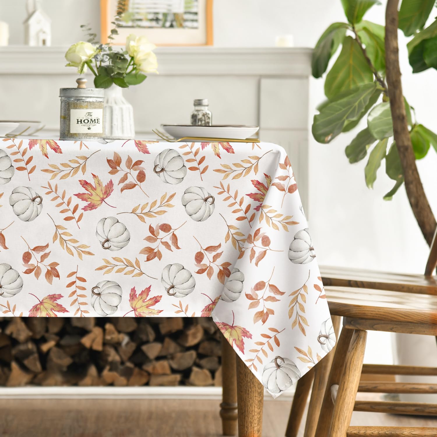 Fall Tablecloth, Thanksgiving Autumn Harvest White Pumpkin Orange Leaf