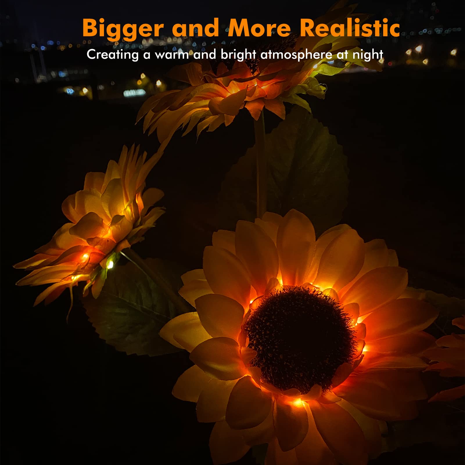 Sunflower-shaped lights glowing warmly against a dark background with text about creating a warm and bright atmosphere at night.