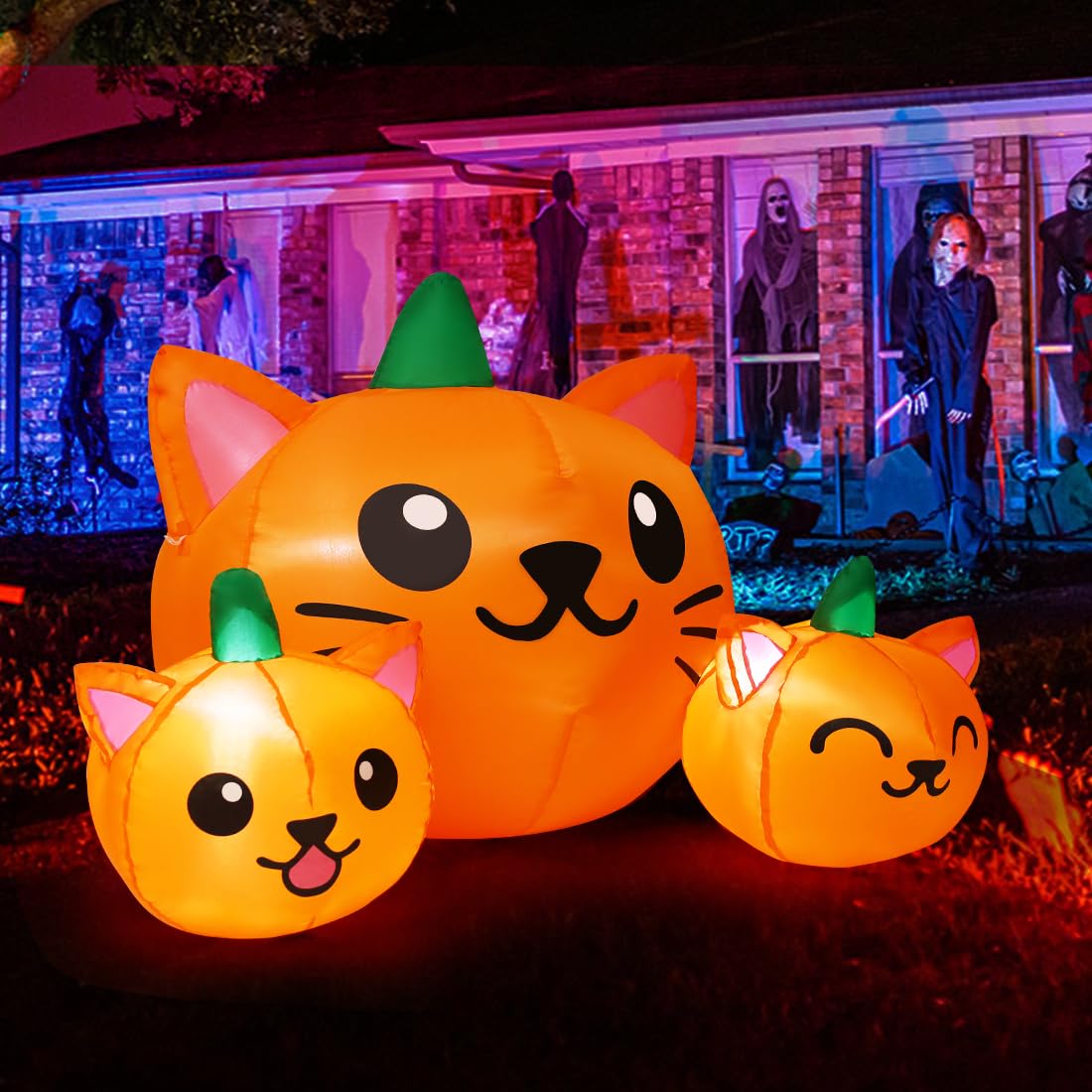 5FT Long Three Pumpkin Cat Head Combo with Built-in LEDs