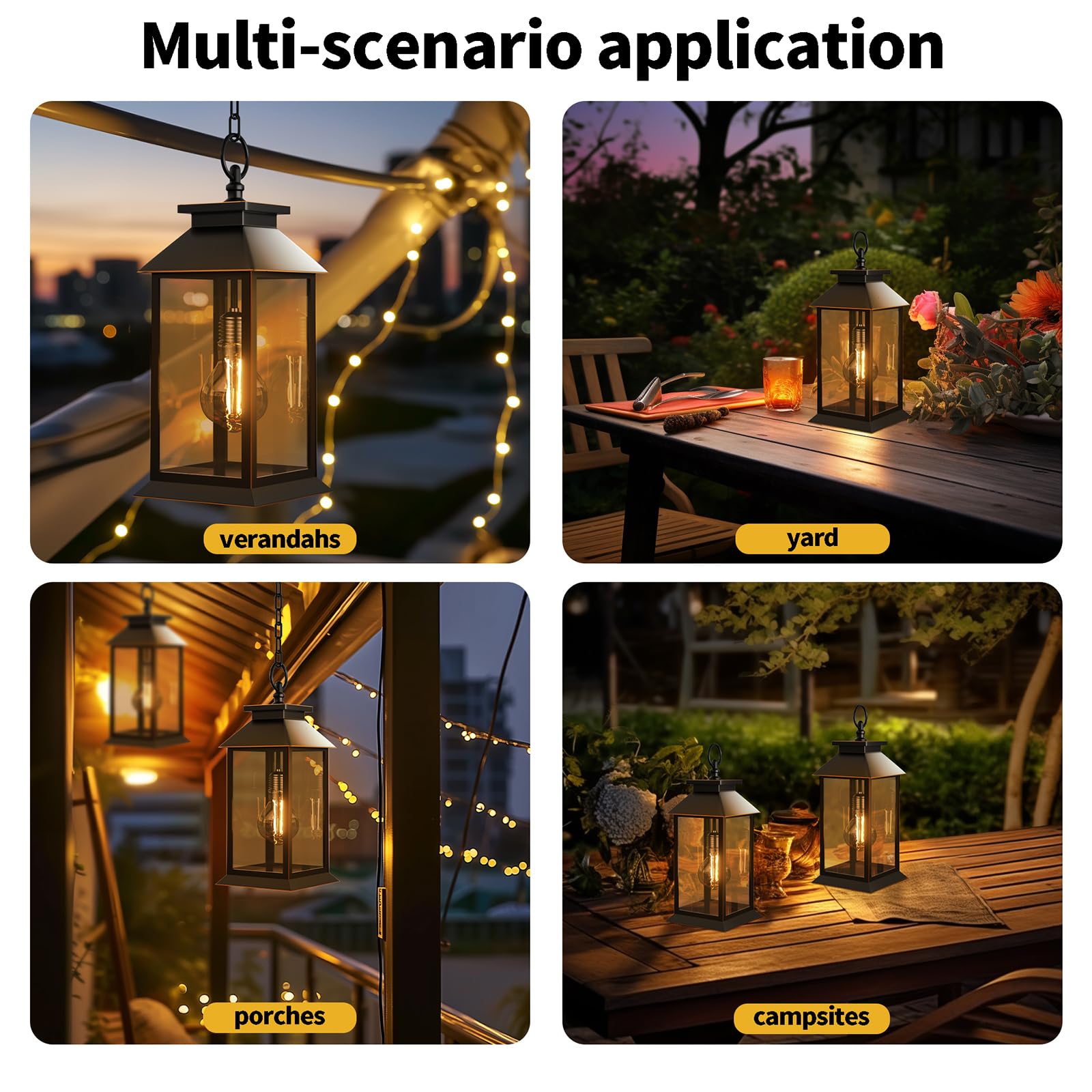 Collage of outdoor lanterns in various settings with text labels.