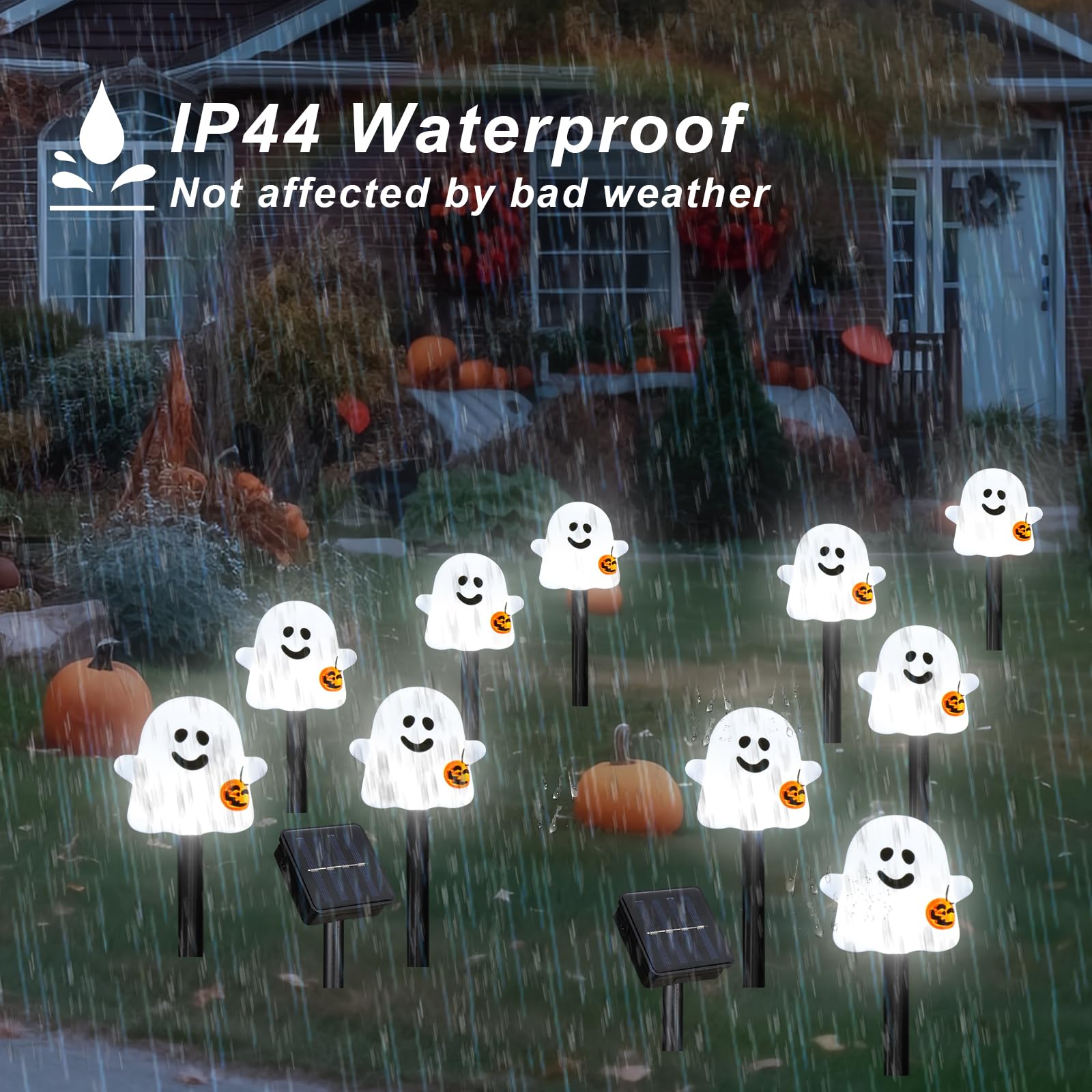 10 Pack Solar Halloween Ghost Pathway Lights, Ghost Stake Lights with Pumpkin Design