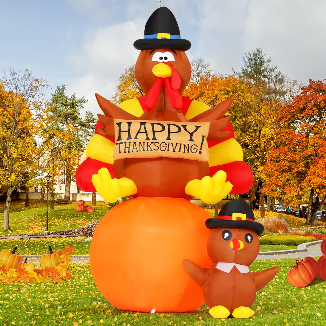 6 FT Thanksgiving Inflatable Turkey, Pumpkin & Turkey Baby