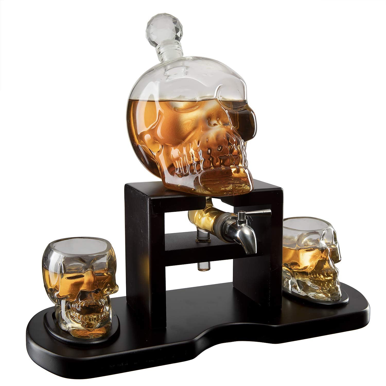 Skull Skeleton Wine & Whiskey Decanter Set 750 mL With 2 Skull Shot Glasses + Mahogany Wooden Base + Pouring Spigot