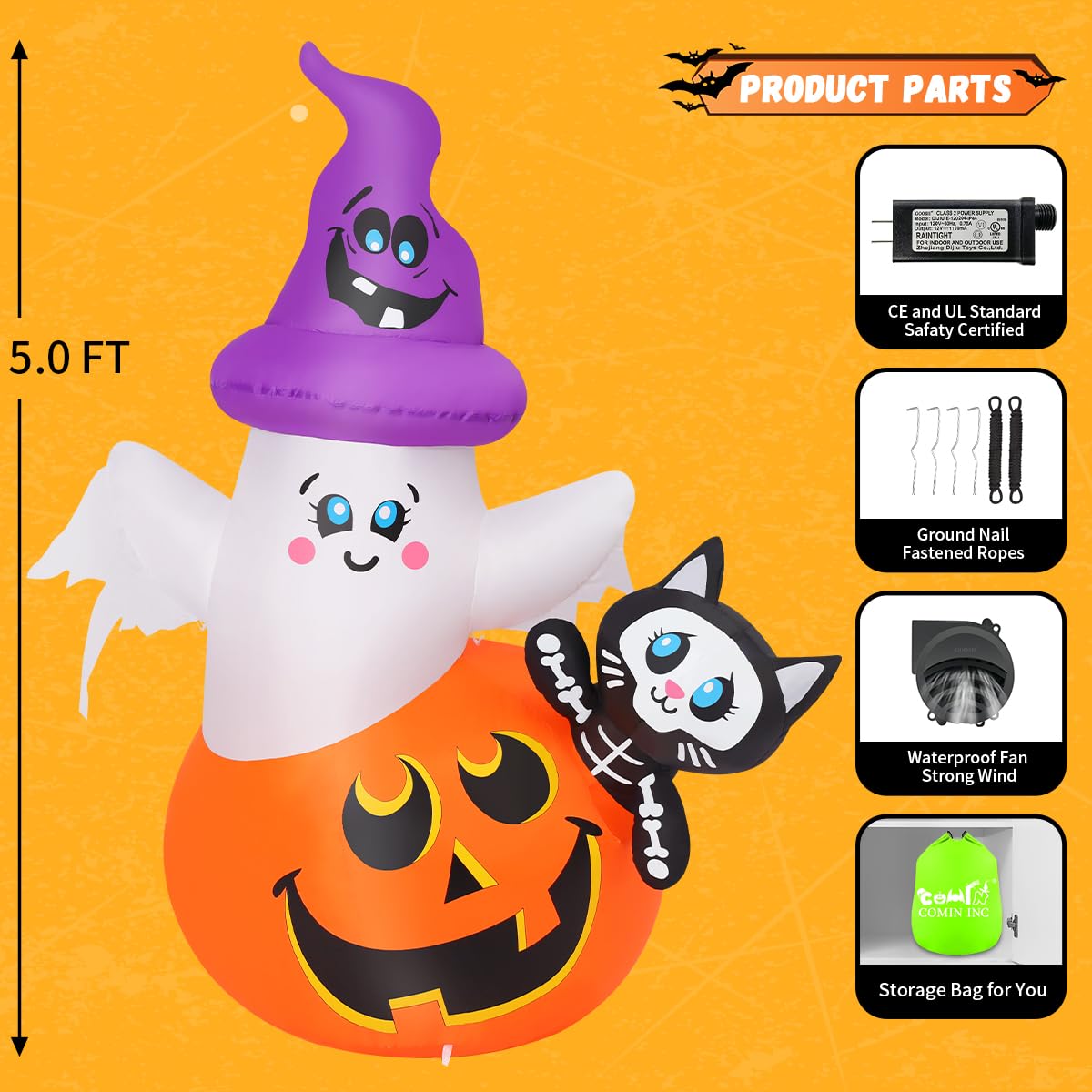 Halloween inflatable ghost, cat, and pumpkin with product parts on an orange background