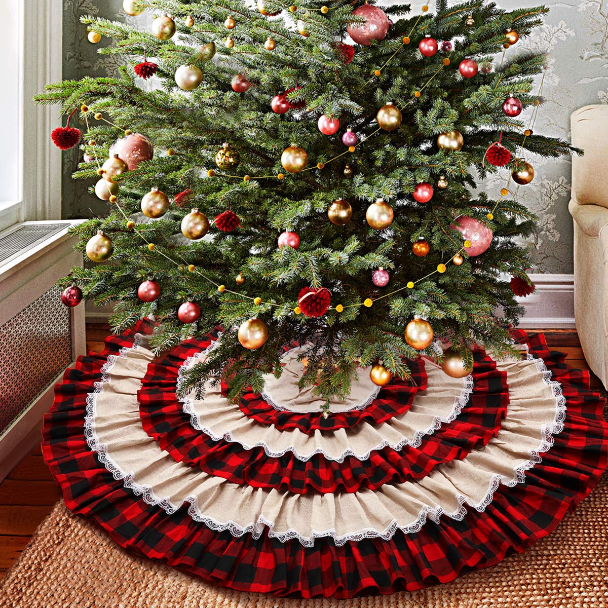 yuboo Buffalo Christmas Tree Skirt, 48 inches Plaid&Burlap Lace Ruffle 6-Layer Farmhouse Fall Ornaments for Buffalo Plaid Christmas Decor