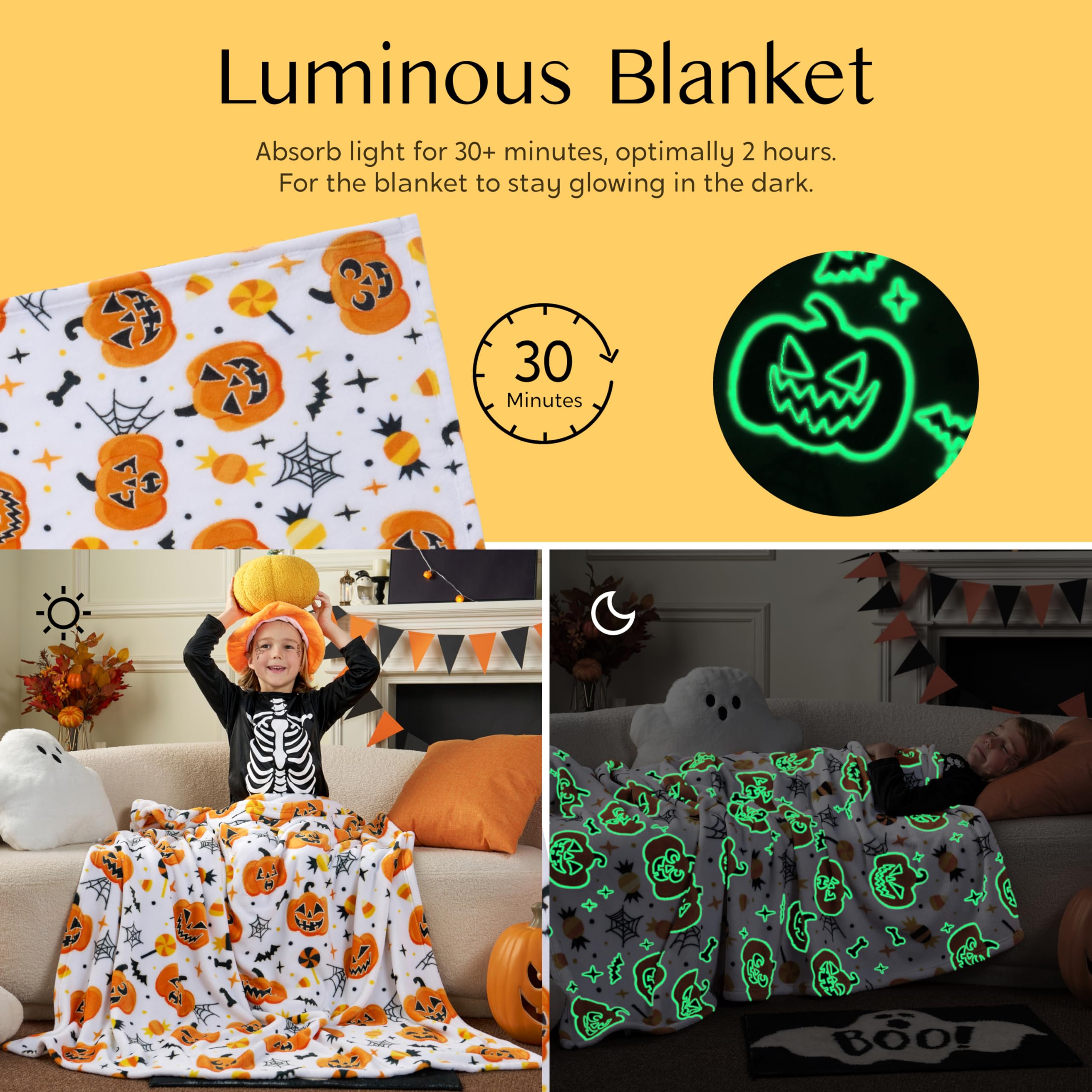 Luminous Halloween-themed blanket with pumpkins and ghosts, showing glow in the dark effect.