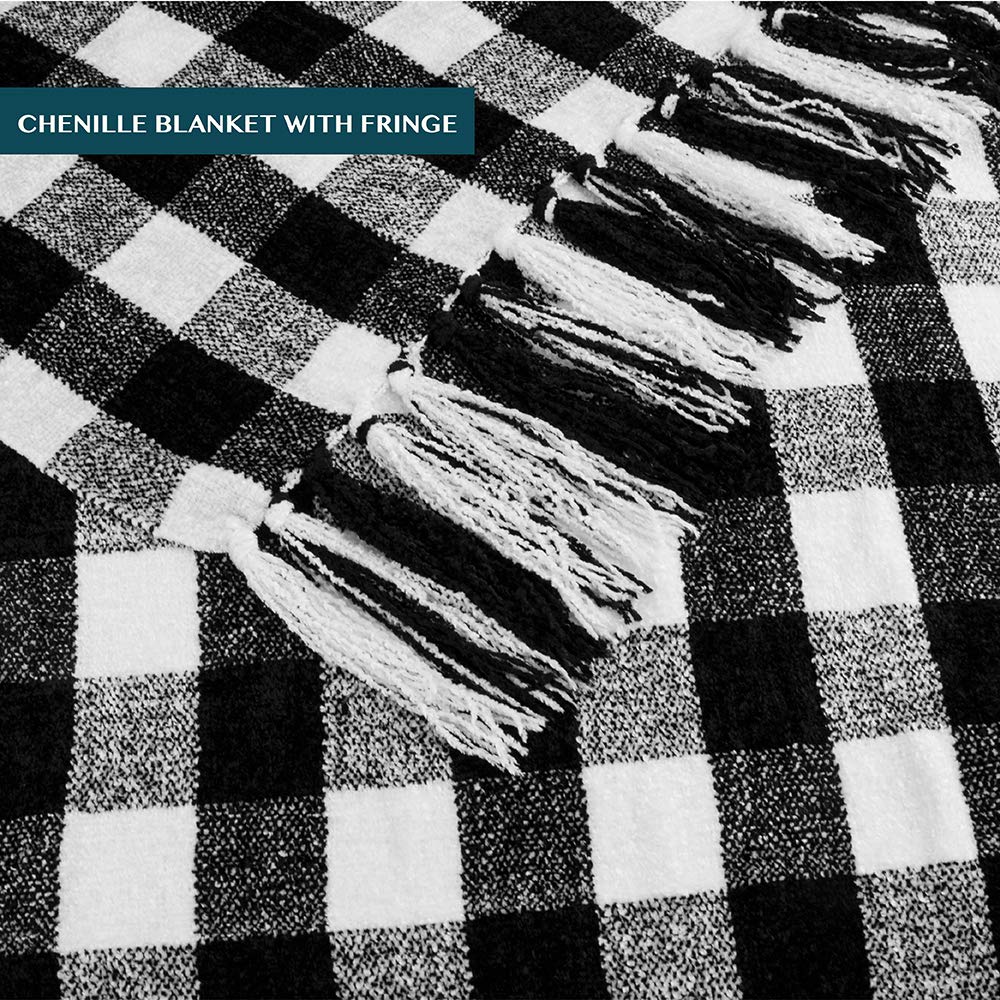 Soft Chenille Black and White Buffalo Plaid Checkered Knit Blanket