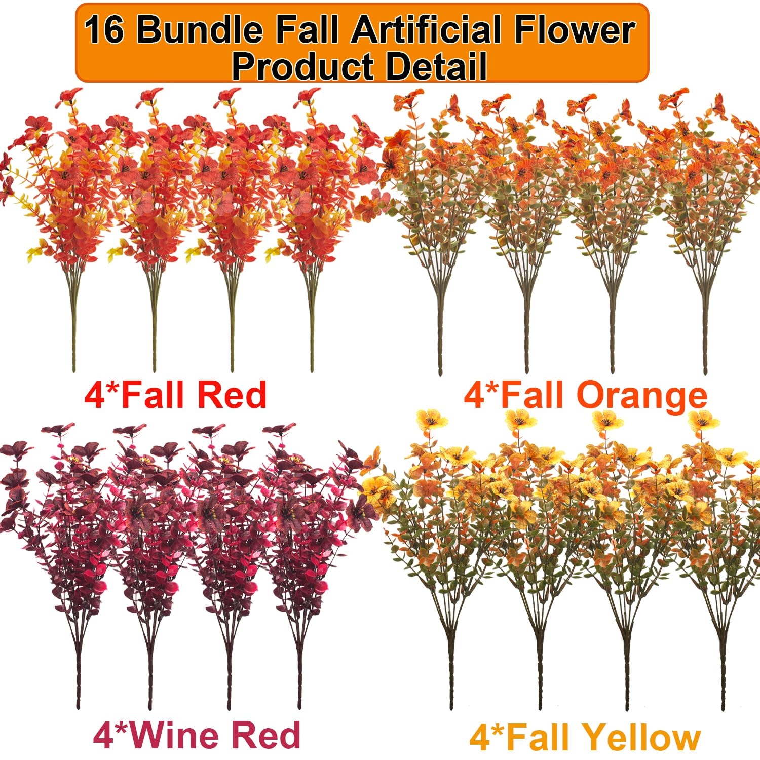 16 Bundles Artificial Fall Flowers Colorful No Fade Fall Mix Indoor/Outdoor
