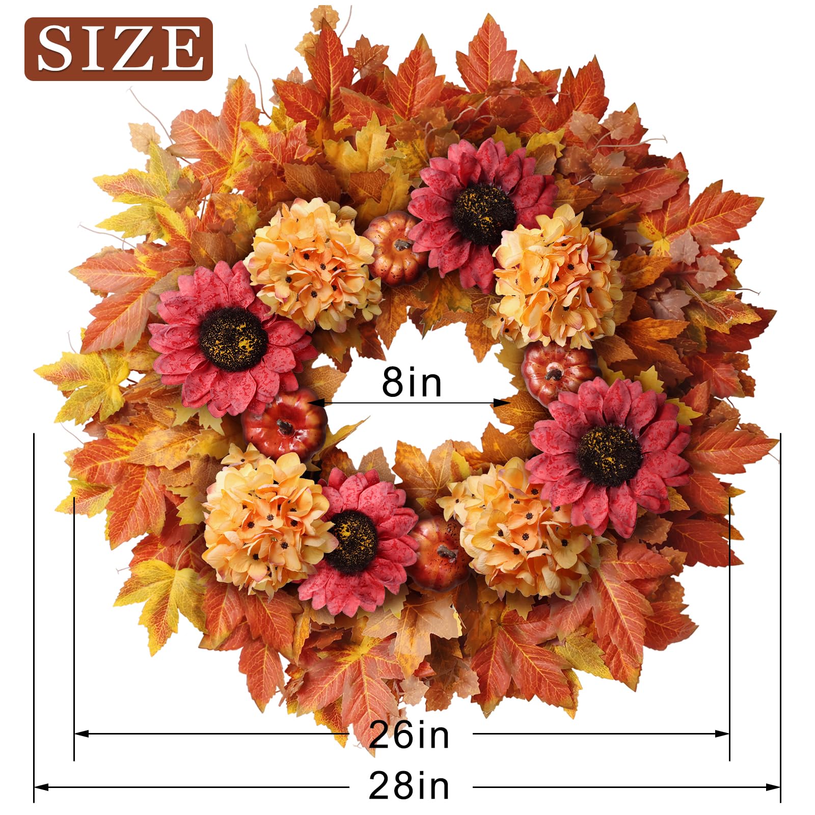 28'' Large Fall Wreath with Artificial Maple Leaves & Faux Sunflower Indoor/Outdoor
