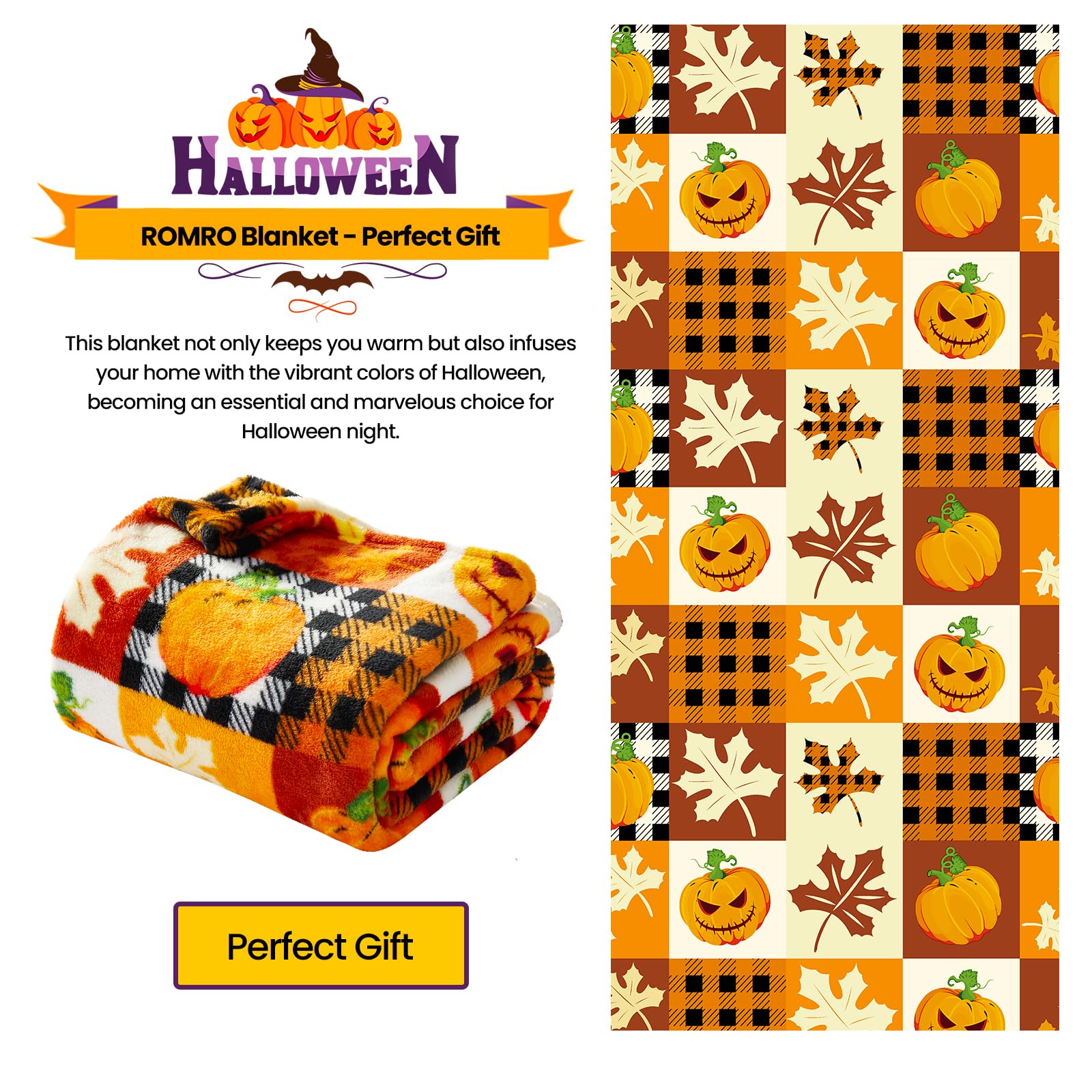 Halloween-themed blanket with pumpkins and leaves on a checkered pattern makes the perfect gift.